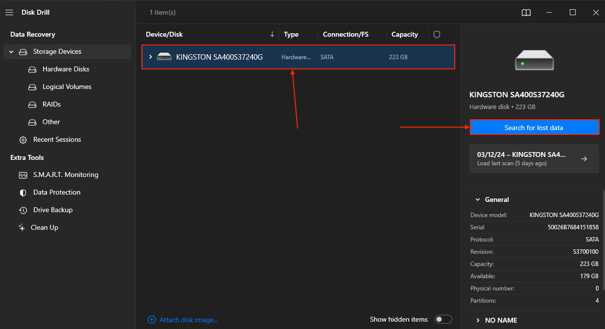 Disk Drill HDD scan source selection menu