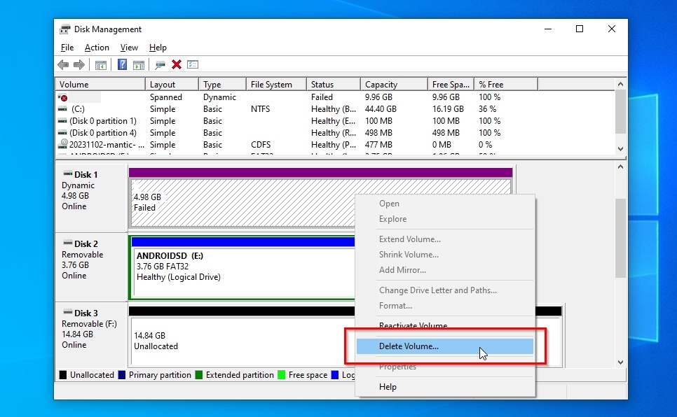 Disk Manager Delete Volume