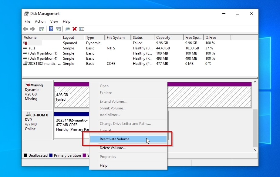 Disk Manager Reactivate Volume