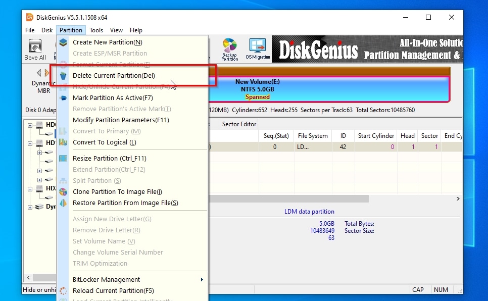 DiskGenius Delete Current Partition