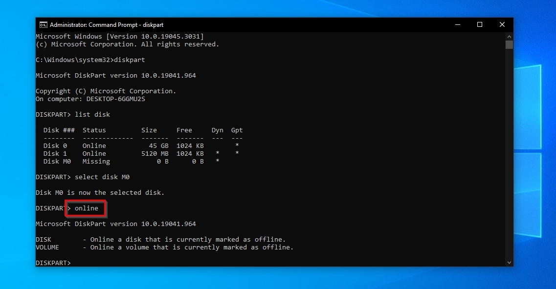 Diskpart Set Disk Online Command