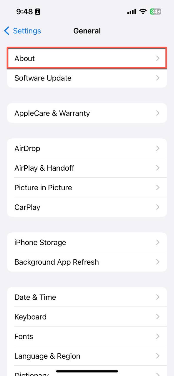 about section ios settings