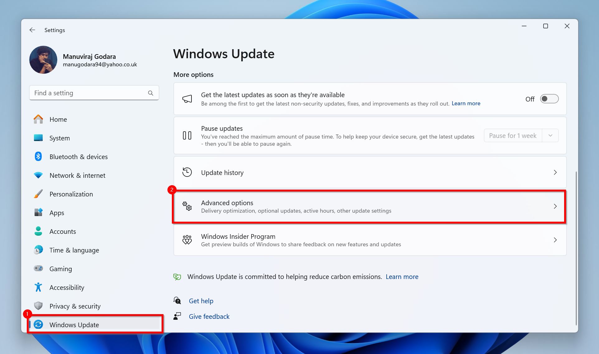 A Windows Settings screen showing the Windows Update section. A red box highlights the 'Advanced options' link, and a red number 1 indicates the 'Windows Update' menu item on the left sidebar.