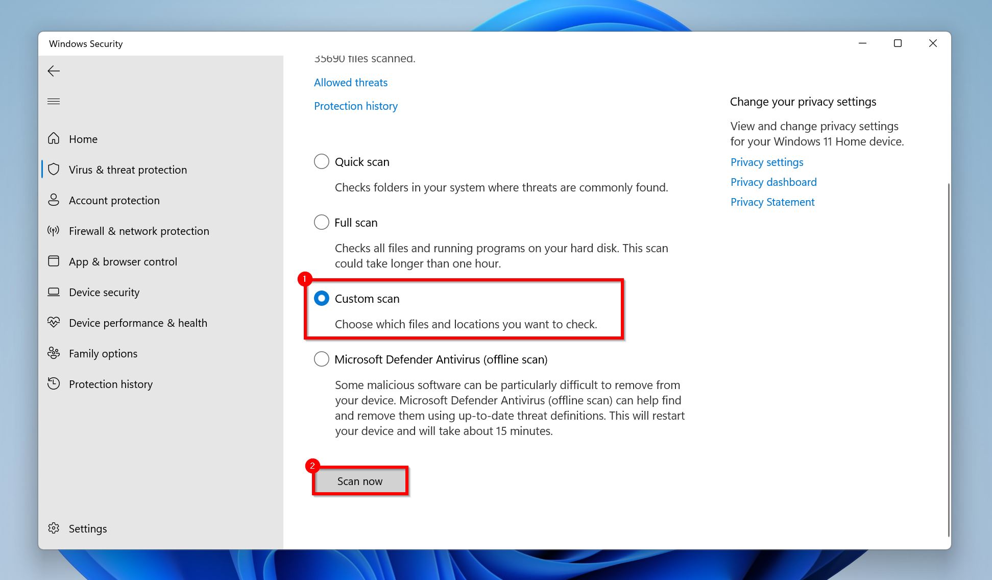 Windows Security window displaying scan options with Custom scan selected and a button to initiate the scan.