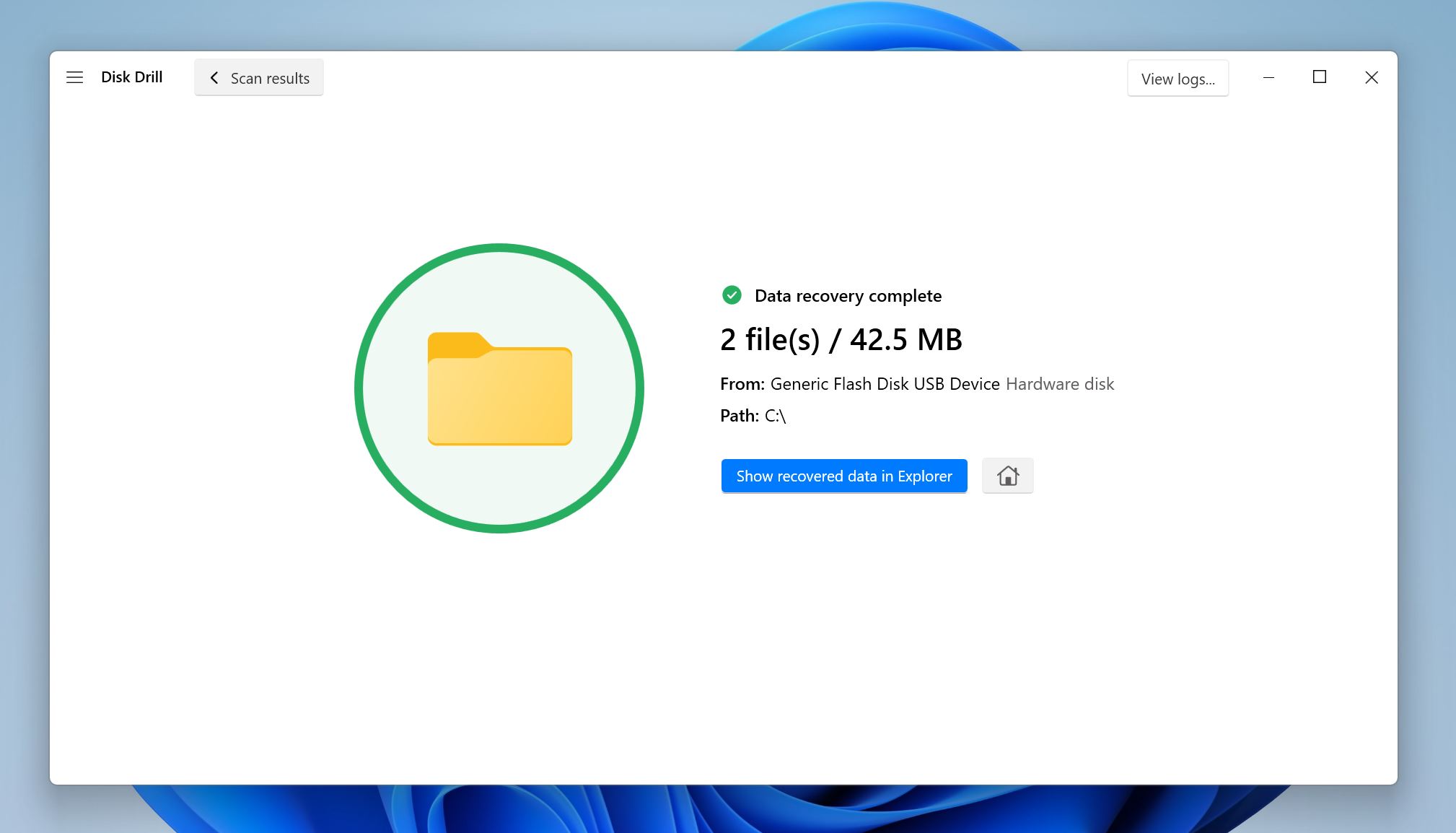 Disk Drill data recovery software showing a complete recovery of 2 files totaling 42.5 MB from a generic flash disk.