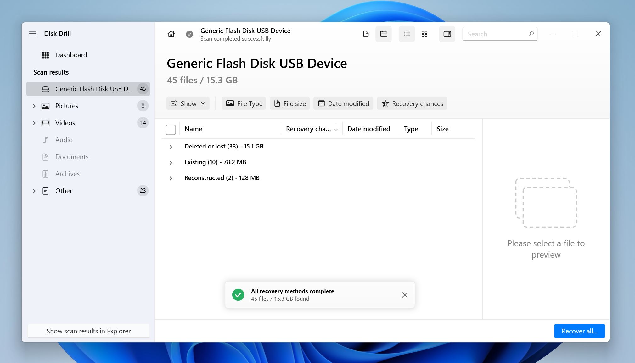 Disk Drill interface with a message stating all recovery methods are complete, showing categories of recovered files.