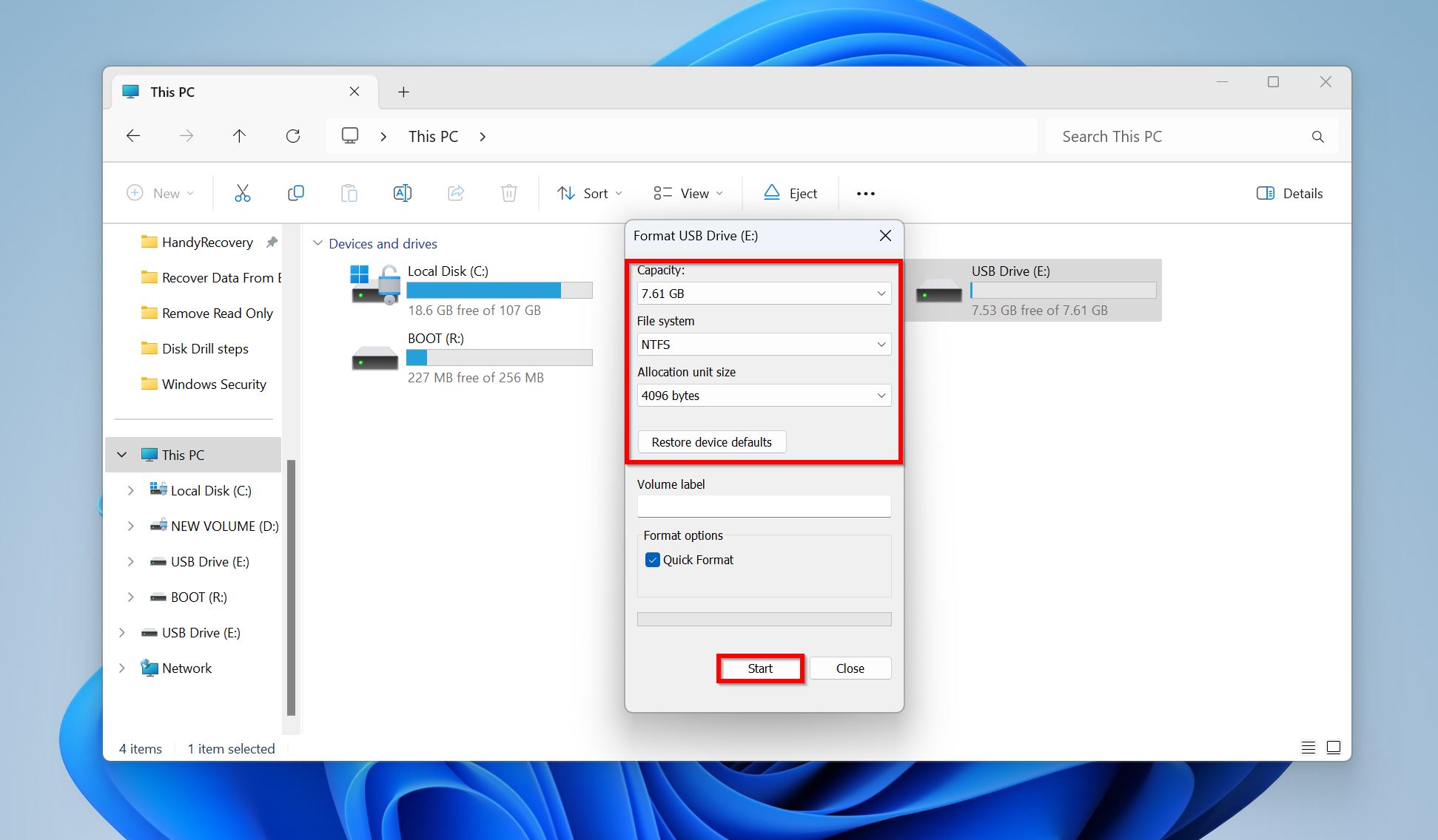 Format USB Drive (E:) window displaying capacity, file system, and allocation unit size with options to restore device defaults and start the format.