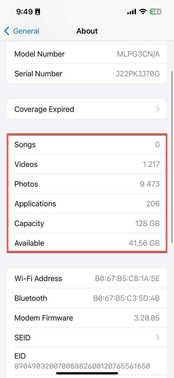 ios about storage information