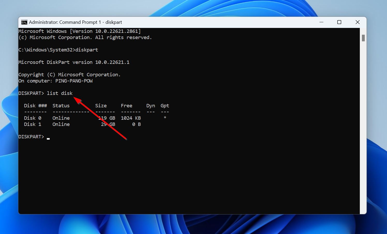 A screenshot of a command prompt window showing the DiskPart utility. The 'list disk' command has been issued, listing two disks: Disk 0 and Disk 1.