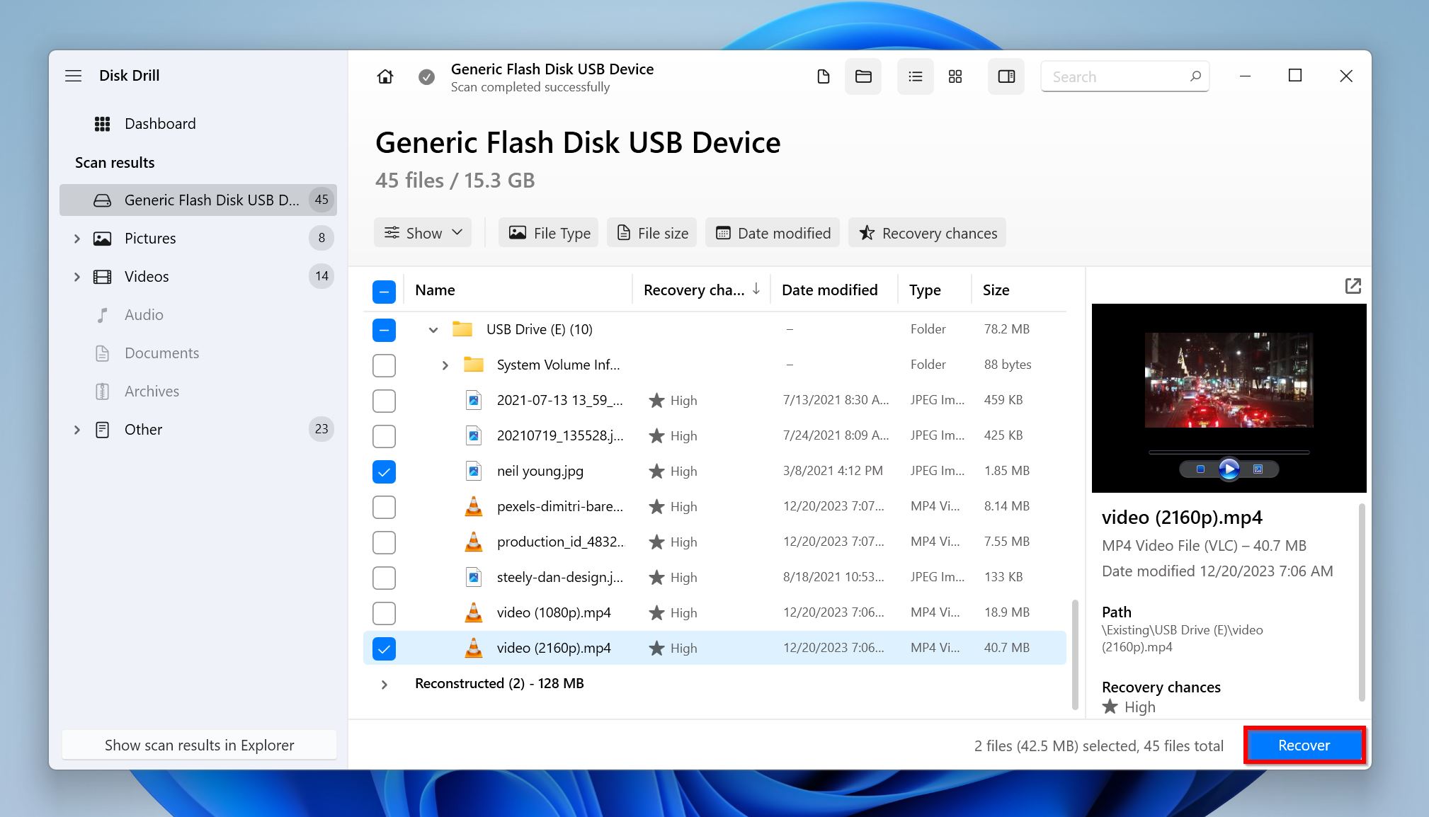 File preview in Disk Drill showing 45 files found with details and recovery chances, including a video file selected.