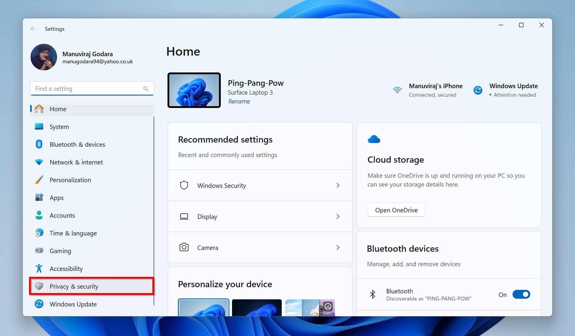 Windows Settings window with Privacy & security selected, showing options including Windows Security.