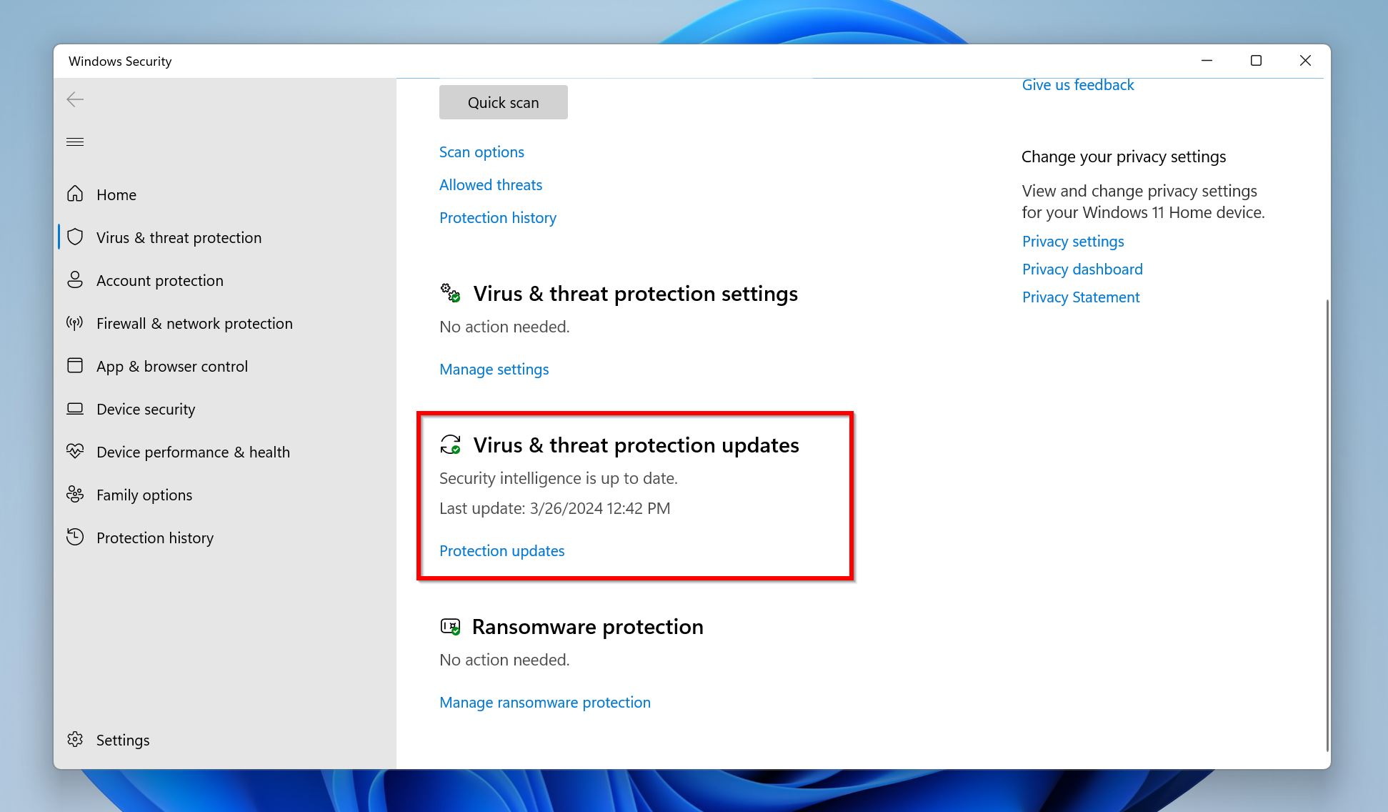 Windows Security window showing Virus & threat protection updates, indicating security intelligence is up to date.