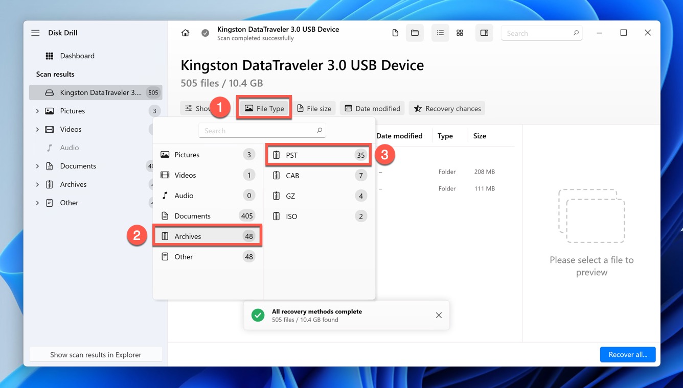 pst file type filter in disk drill