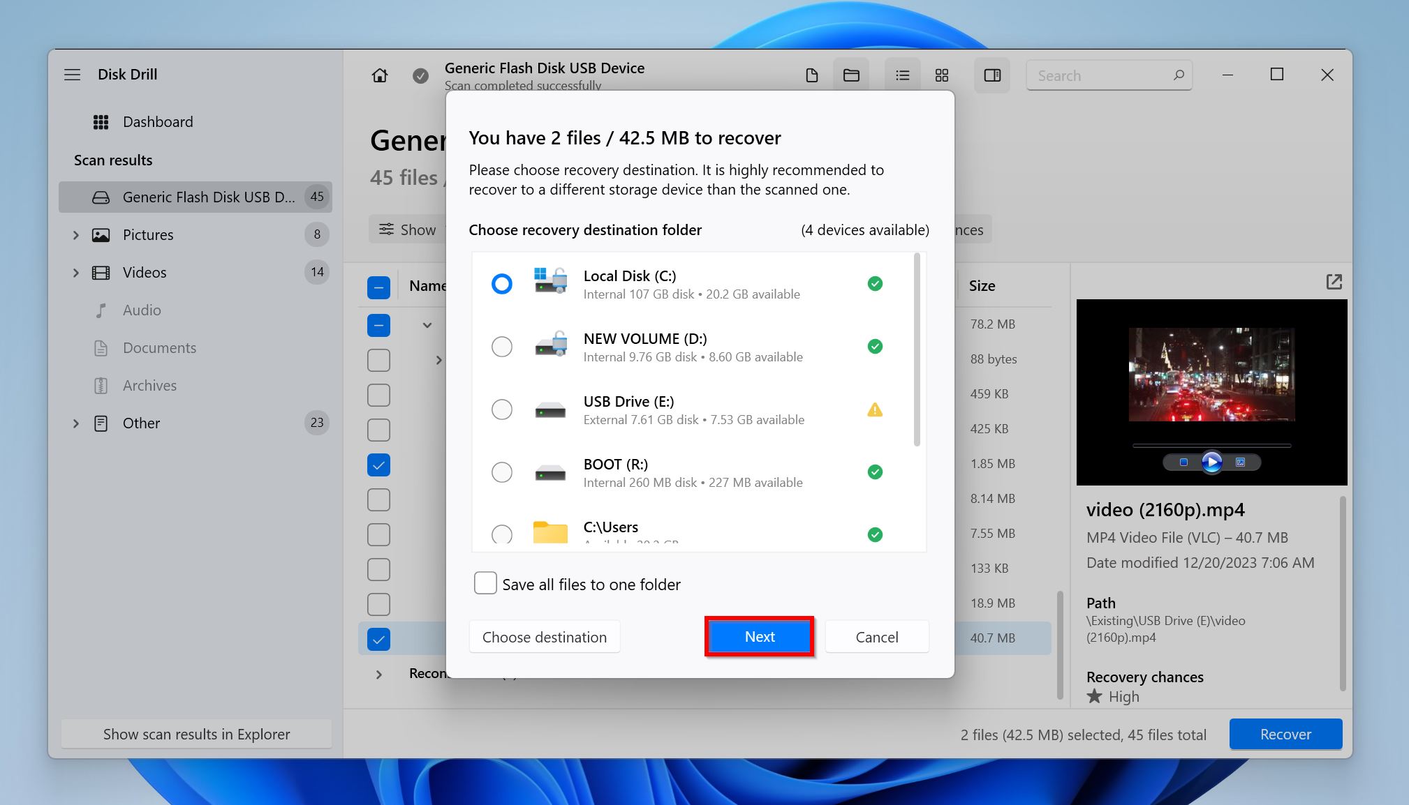 Disk Drill recovery selection screen for 2 files from a generic flash disk with various destination folders to choose from.