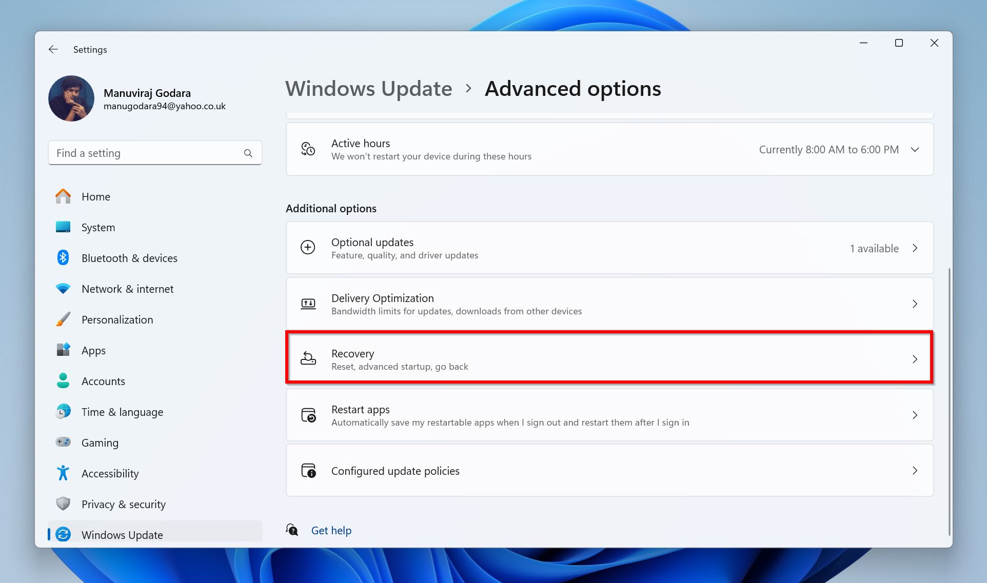 The Advanced options section within Windows Update settings. A red box surrounds the 'Recovery' option, which is listed among other additional settings like Optional updates and Delivery Optimization.