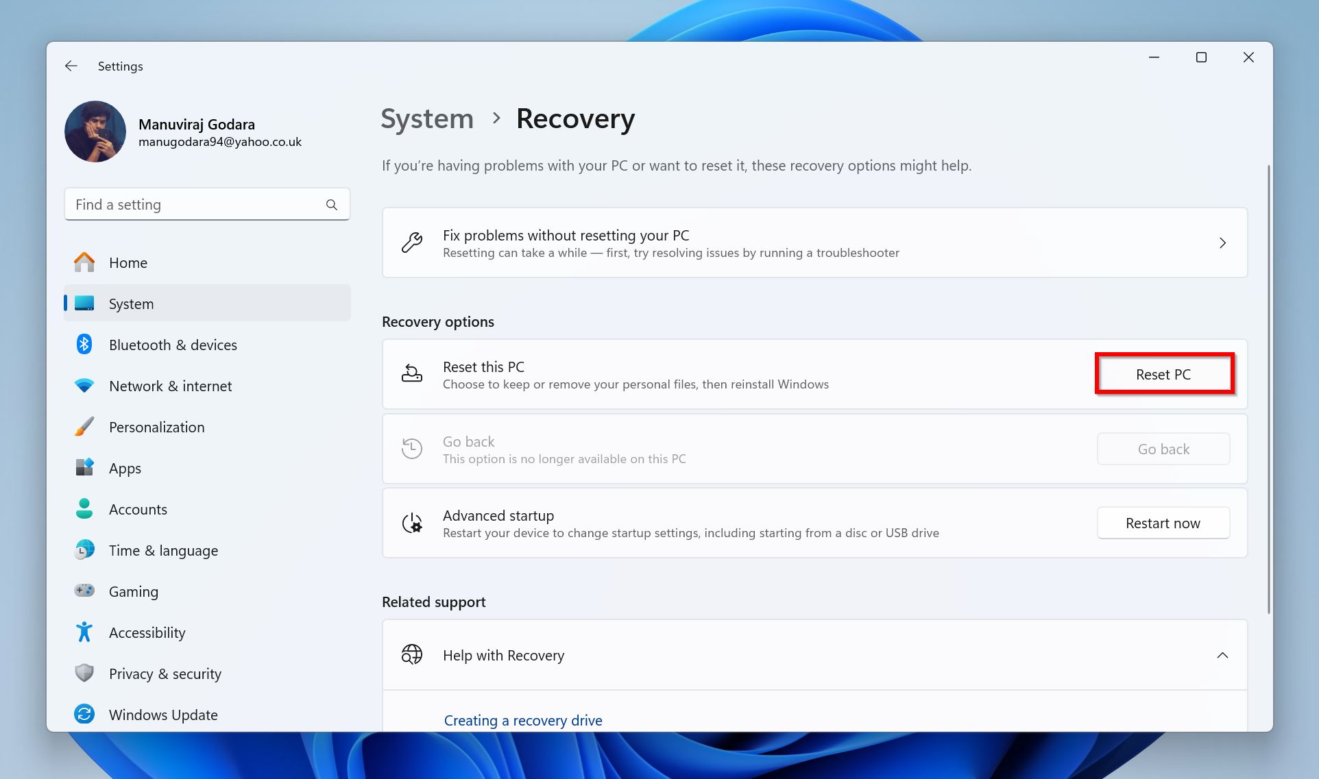 A Windows System Recovery options screen with a red box around the 'Reset this PC' button, indicating the option to reset the computer either keeping or removing personal files and then reinstalling Windows.