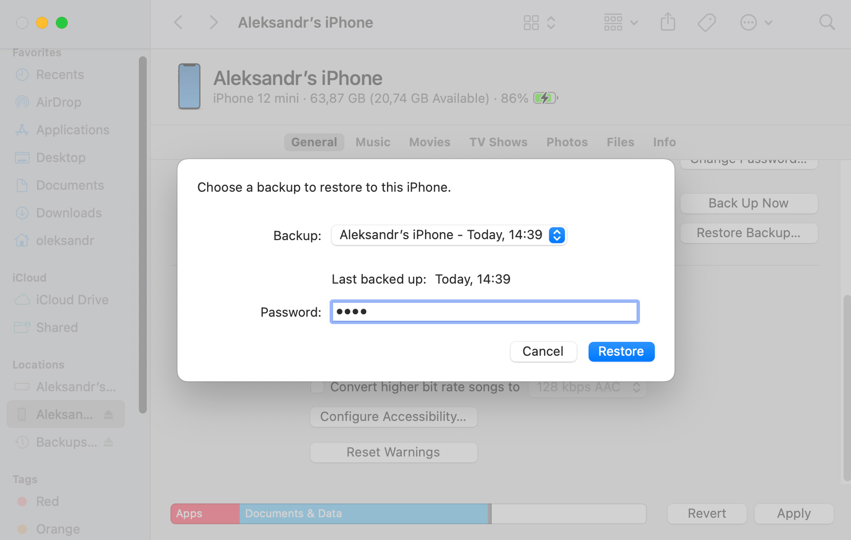 restore iPhone in Finder