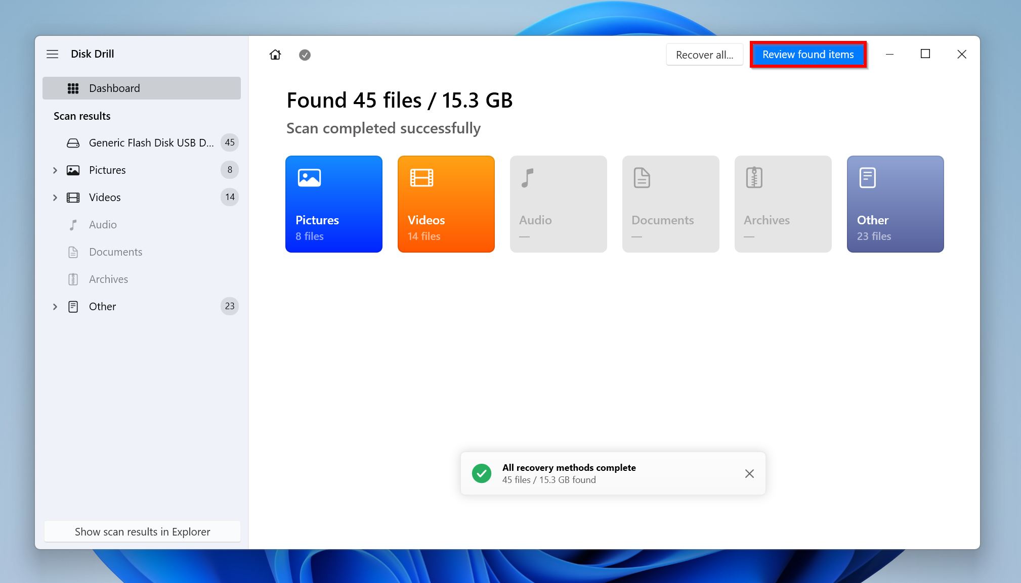USB drives help you conveniently transfer data from one device to another—thanks to their small form factor, reasonable cost, and widespread availability. But, these factors also make USB drives easy vectors, and victims of virus attacks. Computer viruses can erase the data on your USB drive, corrupt it, or lock you out of it. So, how do you recover your data from a virus-infected USB drive? It involves two steps—remove the virus from your USB drive and PC using an antivirus program, then recover any deleted data using a capable data recovery tool. Let’s take a detailed look at how to do both. </p><div class="sc_text "notice""><div class="sc_text--arrows">❗️</div><div class="sc_text--text"><p>Keep in mind that you need to act quickly and recover your data before it gets overwritten. Do not use the USB drive in question until you read this article.</p></div></div><p> Data recovery chances from a virus-infected flash drive primarily depend on the type of virus that infected it, and what the virus did to your data. Here’s an overview of some common ways in which viruses may affect your files: 🫥 Data Hiding: Some viruses hide your data instead of outright deleting it. The infamous, “shortcut virus,” is one such virus—it hides your original files and folders, replacing them with malicious shortcuts. To recover your files after a data hiding virus infects your USB drive, first remove the virus by scanning your PC using an antivirus tool (Malwarebytes is a good, free option), and then reveal your files. 🗑️ Data Deletion: There are plenty of viruses that are designed solely to destroy the victim’s data. In such cases, you can usually recover your data using a decent data recovery tool. 🔏 Data Encryption: These viruses are known as Ransomware. They encrypt your files, holding them ransom, unless you pay a certain fee. It’s not recommended that you pay the fee because there’s no guarantee the hackers will give you the decryption key. The No More Ransom website is an exhaustive resource on what you should, and shouldn’t do when dealing with Ransomware. ❌ Data Corruption: Often, viruses are specifically designed to corrupt your data. However, corrupted data can also be a byproduct of the virus’ attempt to spread to other computers—the virus injects malicious code into a regular file so that it can spread to whatever devices or computers the file is copied to. Most antivirus programs can remove such viruses and undo the corruption. It’s also best to scan the USB drive using a good data recovery program. 📂 File Replacement and Modification: There’s a class of virus, known as “overwriting virus,” that replaces the original code of your files with malicious code. These viruses overwrite the files on your USB drive with random data. Unfortunately, there’s little you can do to recover your data after an overwrite virus attack. Your only hope is restoring a previously created backup. Except for the overwrite virus, and ransomware, most viruses won’t impact your files to the point of non-recovery. However, It’s crucial to find and remove the virus from your USB drive, before proceeding to recover data from it using the data recovery guide in the next section. What Happens When Viruses Infect Your USB Drive? When your USB drive is infected by a virus, it immediately becomes a carrier of that virus and could potentially transfer the virus to other PCs and devices it’s connected to. While the effects of an infected USB drive vary based on the nature of the virus, the result is pretty much the same thing - deletion or encryption of your files. How to Recover Files from a Virus-Infected Flash Drive Third-party data recovery programs are a user-friendly way to recover deleted files from virus-infected drives. It’s important to choose a good USB data recovery app from the get-go, as the first data recovery scan is typically the most successful. This list of the best data USB data recovery programs is a good place to begin your search. For this tutorial, we opted to use Disk Drill—a trustworthy USB data recovery tool equipped with a robust data recovery algorithm. Its modern UI with in-built tutorials makes it perfect for novice PC users. Disk Drill detects your pen drive, regardless of its file system. It recovers data from USB drives with a missing (RAW), or corrupt file system as well. For an in-depth look at the tool—its features, and its shortcomings—read through our Disk Drill review. Here’s how to recover data from a virus-infected USB drive using Disk Drill: Download Disk Drill and install it on your PC. Connect the USB drive to your PC. Open Disk Drill, select the USB drive, and click Search for lost data. Click on Review found items once the scan completes. To view specific file types, click on the relevant tile—Pictures, Videos, Audio, Documents, Archives, and Other. Expand the Deleted or lost and Reconstructed sections. To view existing files (even hidden ones), expand the Existing section. Tick the files you wish to recover. Disk Drill displays a preview of the currently selected file, but you can manually preview any file by hovering the cursor on it and clicking the eye button that appears. Click on Recover once you’re done selecting the files. Choose a recovery destination for the files and click Next. We recommend recovering the files to a separate location, instead of the affected USB drive Disk Drill will recover the selected files. Note: Disk Drill’s free trial lets you preview all recoverable files, and recover up to 500 MB of data for free. Further recovery requires a Disk Drill PRO license. Disk Drill can help recover your data in three major virus-related scenarios: Scenario 1: Damaged Master Boot Record (MBR) or Master File Table (MFT) When viruses disorient the MBR or MFT components of your USB devices, that device can no longer be accessed via explorer or finder even when the files still exist on the drive. In this case, Disk Drill can restore the original structure that was before virus infection to save lost data. Scenario 2: Unbootable USB Flash Drives Viruses are capable of replacing the main record that stores boot information with its bootable record. This denies the user access to their files and folders. Now the user is prompted about the infected drive and is required to pay a ransom to unlock the files. As you may already be aware, giving out your money will not guarantee an unlock code. We recommend that you attempt to boot from a live USB device and scan it with Disk Drill which will reveal the files that are on the drive. Scenario 3: Inaccessible Files & Folders (Resident virus) Disk Drill puts devices in read-only mode before the scan process. This feature prevents the virus from further monitoring the drive, therefore significantly increasing the chances of restoring files from the virus-infected flash drive How to Remove a Virus From the USB Drive Removing the virus from your USB drive is simple—scan the drive using an antivirus program. Windows Defender does a good enough job, but you can use third-party antivirus tools for added peace of mind. Recovering your files after removing the shortcut virus entails unhiding the affected files and folders. Here’s how to remove viruses from your USB drive: Remove USB Virus Using Windows Security (Windows Defender) on Windows 10 and Windows 11 It’s common knowledge that the Windows Platform is widely susceptible to viruses especially when it’s compared to Mac OS X and Linux-based systems. The reason is that Windows is the most widely used and also because of how the operating system handles Administrator privileges and rights. It’s only logical for hackers to focus more on a widely used medium because it increases the chances of a successful mass exploit. </p><div class="sc_text "success""><div class="sc_text--arrows">❗️</div><div class="sc_text--text"><p>Windows, despite being extremely vulnerable to viruses, has seen a lot of changes over the years with Microsoft focusing more resources to make the Windows platform more and more secure.</p></div></div><p> For example, the Windows Security utility continues to evolve and has seen some massive security updates in recent times. It’s also possible to recover files from virus-infected USB pen drives using Windows Security for Windows 10. To do this, attempt the following: Windows 10 Right-click the Start button and choose Settings. Ensure the USB drive is connected to your PC. Click on Update & Security. Click Windows Security, and then choose Virus & threat protection. Click on Check for updates under Virus & threat protection updates. Under Current threats, click on Scan options. Select Custom scan and then click the Scan now button. Select the USB drive and click Select folder. Windows will scan the drive and remove any viruses. Windows 11 Connect your USB drive to the PC. Right-click on the Start button and click on Settings. Click on Privacy & Security in the sidebar. Click on Windows Security. Clickon Virus & threat protection. Select Protection updates under Virus & threat protection updates. Click on Check for updates. Go back to the previous screen, and click Scan options, under Current threats. Choose Custom scan > Scan now. Browse for the pen drive and choose Select folder. Wait while Windows scans the USB drive. This process is straightforward and can help you to recover hidden files in USB caused by viruses. The good part also is that this process is free and you can do this without downloading additional software. Remove a “Shortcut Virus” Using attrib Command (CMD) The Shortcut virus as already indicated is one of the most common viruses capable of concealing your important files and documents. Using a few tricks such as a CMD method can get rid of it almost immediately. To do this, you need to follow these instructions. Type “cmd” in Windows Search (Windows Key + S). In the search results, right-click on Command Prompt > Run as Administrator. Type ATTRIB -H -R -S /S /D X: *.* in the Command Prompt console and press Enter. Replace X with the USB drive’s drive letter (you can find this in Windows Explorer > This PC, or Windows Disk Management). Consider Formatting Your USB Drive Formatting your USB drive wipes out all its stored files, including the virus. Use this method if antivirus programs were unable to effectively detect and delete the virus from your USB drive. While most data recovery programs can recover your files after a quick format, there’s a high chance the recovered files have malicious code in them because of the virus. Here’s how to format a pen drive on Windows: Press Windows Key + E to launch File Explorer. Go to This PC, right-click on your pen drive, and choose Format. You can modify the format parameters if you wish to, or simply clickthe Start button right away. Unchecking the Quick format option will perform a full format. This removes all files from the drive and overwrites them with zeroes.This is much safer than using the Quick format option, but you cannot recover any files after a full-format. Windows will format the USB drive. </p><div class="sc_text "notice""><div class="sc_text--arrows">❗️</div><div class="sc_text--text"><p>Important: Formatting only removes local viruses from the USB drive. More sophisticated viruses like firmware viruses, bootkits, and rootkits remain on the drive as they reside in the MBR (Master Boot Record) which remains untouched during a format. To remove viruses that dwell in the MBR, use a tool like HDD Low Level Format—the tool’s trial version can clean the flash drive’s MBR.</p></div></div><p> What is Flash Drive Virus & What are their Types? Flash drives viruses are very common these days with each of them posing similar threats but often in a different way. To provide a breakdown of some of the different viruses and how they affect your files or PC, you first need to understand what a flash drive virus is. A flash drive virus is essentially a malicious program that infiltrates your computer and does damage to it by either slowing it down or corrupting the data stored on it. As already mentioned, there are many flash drive viruses and the kind of exploits they are designed to do. 🦠 Ransomware. Ransomware has gained notoriety in recent years with attacks skyrocketing for businesses and individuals alike. Ransomware is essentially a type of malware that prevents users from gaining access to their files and computer systems until a ransom has been paid to the perpetrators. Ransomware is commonly spread through deceptive links and emails which trick users into opening them to access some information. In some cases, the links are spread through phishing emails that appear to have been sent legitimately. 🔐 PHUKD. Also known as “THATSPHUKD” & “URFUKED”, this type of virus affects your PC by encrypting files based on the timing provided by hackers who control it. Unlike other viruses that immediately encrypt your files when they are infected, the PHUKD virus could remain invisible before it starts to do any damage to your files. 🔑 Rubber Ducky Firmware. The Rubber Ducky Firmware virus is quite similar to the PHUKD virus in that it also encrypts your files. The major difference is that this virus encrypts your files almost immediately and uses pre-existing keystrokes to make your files inaccessible. It’s able to do this by tricking your Computer system to believe that it is a generic keyboard. 🛡️ Password Protection Bypass Patch. To protect our files from illegal access, we often create passwords to limit their access. However, the sad news is that the Password Protection Bypass Patch is capable of overriding password-protected files and assumes control of them. By making changes to the firmware of your USB drive, the virus cracks open your encrypted files. If for some reason you believe your flash drive has been compromised by this virus, it is recommended that you discontinue its use. 👾 Shortcut Virus. The shortcut virus is pretty common and as the name suggests, the virus conceals your files and folders and replaces them with a shortcut that maintains the attributes of the original files and folders. The sneaky virus is capable of replicating itself unto other files when you click on files and folders that have already been infected. The Shortcut virus runs your PC performance down and could potentially expose your data to third parties. This type of virus is usually transmitted when files are being transferred to your PC physically. How to Protect Your Thumb Drive from Viruses There are many precautionary measures to keep your Thumb Drive free from viruses. Maintaining a high level of restraint when transferring items to your drive should protect it from some of the most common viruses. 🌐 Verify Computer System or Network. Ideally, what you need to is to verify from the Computer System or network you intend to connect your flash drive to. This allows you information on whether the network is secure or not. For Public networks and devices especially, doing this is very important. 🖥️ Scan your Drive Regularly. You need to habitually scan your Flash Drive for viruses using Antivirus software. Based on your usage, you may opt to do this Daily or Weekly. Either way, just ensure that you do this religiously to keep your drive safe and secure. 🚧 Avoid Suspicious Websites. Reckless online activity can greatly increase the chances of infecting your Flash Drive when it’s connected to your PC. Hackers can exploit users through unsecured websites – especially file sharing sites that allow users to download files onto their PCs. 🔒 Write Protect your Flash Drive. Another way to keep your USB drive secure is by write-protecting it. Modern flash drives are often endowed with such a capability. Enabling this feature will prevent files of all types from being written to your drive without your permission. 📁 Identify Files to Be Transferred. Before attempting to transfer any files to your flash drive, manually identify if the files are indeed what you intend to transfer. Additionally, it is recommended that you avoid transferring files in bulk if you’re suspicious. How Do USB Devices Get Infected with Malware? USB devices are predisposed to viruses of all kinds. It’s also a known fact that USB drives get infected with malware deliberately or unintentionally. Hackers who seek to exploit a computer system may infect a USB malware to gain access and control over a system or network. This is an example of deliberate infection. </p><script type="text/javascript">
var fired2 = false;
window.addEventListener('scroll', () => {
    if (fired2 === false) {
        fired2 = true;
        setTimeout(() => {
            var headID = document.getElementsByTagName("head")[0];         
            var newScript = document.createElement('script');
            newScript.type = 'text/javascript';
            newScript.src = 'https://platform.twitter.com/widgets.js';
            headID.appendChild(newScript);
                }, 1000)
    } // endif
});
</script> USB flash drives are like taxicabs for malware. Virus scan them before use and don't use unfamiliar ones! #cybersecurity #tips pic.twitter.com/ITQHTFp9mJ — DigitalSecurityWatch (@DS_Watch) April 15, 2021  Users may also get USB drives infected unknowingly when they plug them into an unsecured network or PC. For example, public networks in schools, airports, and Internet cafes are some of the most vulnerable networks that could pose a threat to your USB drive when connected. </p><div class="sc_text "error""><div class="sc_text--arrows">❗️</div><div class="sc_text--text"><p>If care is not taken, you could expose your USB drive to a malware attack since such networks often lack a robust and secure infrastructure to mitigate against a possible virus attack.</p></div></div><p> FAQ </p><h2 class="faq">FAQ</h2><section itemscope="" itemtype="https://schema.org/FAQPage"> <div class="panel panel-default" itemprop="mainEntity" itemscope="" itemtype="https://schema.org/Question">
	<div class="panel-heading" id="heading"1"">
		<div class="panel-title">
			<h3 class="panel-title panel-title__heading" itemprop="name">"Can</h3>                   
		</div>
	</div>
	<div class="panel-body" itemprop="acceptedAnswer" itemscope="" itemtype="https://schema.org/Answer">
		<div itemprop="text"><p> Yes. Previous versions of Windows included the Autorun feature which instantly opened USB drives once they were connected to a PC. This made flash drives instant victims to viruses that were present on a host PC. While the Autorun feature is no longer available for modern versions of Windows, you can transfer viruses to a drive when you manually open a file or folder on the flash drive while it’s connected to an infected PC.</p></div>
	</div>
</div> <div class="panel panel-default" itemprop="mainEntity" itemscope="" itemtype="https://schema.org/Question">
	<div class="panel-heading" id="heading"2"">
		<div class="panel-title">
			<h3 class="panel-title panel-title__heading" itemprop="name">"Does</h3>                   
		</div>
	</div>
	<div class="panel-body" itemprop="acceptedAnswer" itemscope="" itemtype="https://schema.org/Answer">
		<div itemprop="text"><p> Contrary to popular belief, the usual formatting of your flash drive in Windows will not remove viruses. Low-level formatting, however, can guarantee some level of success with virus removal. </p></div>
	</div>
</div> <div class="panel panel-default" itemprop="mainEntity" itemscope="" itemtype="https://schema.org/Question">
	<div class="panel-heading" id="heading"3"">
		<div class="panel-title">
			<h3 class="panel-title panel-title__heading" itemprop="name">"How</h3>                   
		</div>
	</div>
	<div class="panel-body" itemprop="acceptedAnswer" itemscope="" itemtype="https://schema.org/Answer">
		<div itemprop="text"><p> Several Data Recovery Applications can recover files from virus-infected USB pen drives. Tools such as Disk Drill, EaseUS, and Recoverit are capable of getting your permanently deleted files back from your Pendrive.</p></div>
	</div>
</div> <div class="panel panel-default" itemprop="mainEntity" itemscope="" itemtype="https://schema.org/Question">
	<div class="panel-heading" id="heading"4"">
		<div class="panel-title">
			<h3 class="panel-title panel-title__heading" itemprop="name">"Does</h3>                   
		</div>
	</div>
	<div class="panel-body" itemprop="acceptedAnswer" itemscope="" itemtype="https://schema.org/Answer">
		<div itemprop="text"><p> Yes. Formatting a flash drive removes any viruses that were stored on it. However, boot-sector viruses, and rootkits remain unaffected by a format.</p></div>
	</div>
</div> <div class="panel panel-default" itemprop="mainEntity" itemscope="" itemtype="https://schema.org/Question">
	<div class="panel-heading" id="heading"5"">
		<div class="panel-title">
			<h3 class="panel-title panel-title__heading" itemprop="name"></h3>                   
		</div>
	</div>
	<div class="panel-body" itemprop="acceptedAnswer" itemscope="" itemtype="https://schema.org/Answer">
		<div itemprop="text"><p>How to recover virus-infected files using CMD? You can only recover files infected by the Shortcut virus using CMD. These files are technically hidden, not deleted. To recover deleted, or corrupted files, use a good data recovery program, or a professional data recovery service. Here’s how to use the Command Prompt to recover files infected by the Shortcut virus: Search for “command prompt” or “cmd” in Windows Search (Windows Key + S). Right-click on Command Prompt > Run as administrator. Type ATTRIB -H -R -S /S /D X: *.*, replacing X with the drive’s drive letter, and press Enter. </p></div>
	</div>
</div> </section><p> Bottom Line The risk of getting a USB drive infected with a virus is high. The average computer user should have encountered a virus situation at least once in their lifetime. It’s common and it is bound to happen. So long as you continue to share files and download items from the internet, your drive remains at risk. That said, there are many preventive measures you can employ to keep your flash drive safe and secure. Always remember that preventive measures often save you time and money.