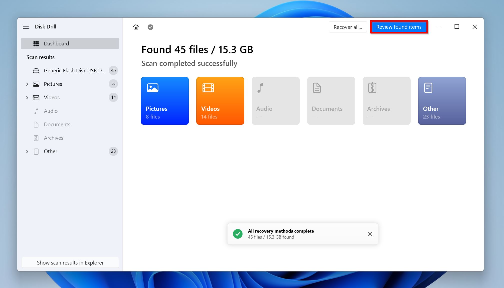 USB drives help you conveniently transfer data from one device to another—thanks to their small form factor, reasonable cost, and widespread availability. But, these factors also make USB drives easy vectors, and victims of virus attacks. Computer viruses can erase the data on your USB drive, corrupt it, or lock you out of it. So, how do you recover your data from a virus-infected USB drive? It involves two steps—remove the virus from your USB drive and PC using an antivirus program, then recover any deleted data using a capable data recovery tool. Let’s take a detailed look at how to do both. </p><div class="sc_text "notice""><div class="sc_text--arrows">❗️</div><div class="sc_text--text"><p>Keep in mind that you need to act quickly and recover your data before it gets overwritten. Do not use the USB drive in question until you read this article.</p></div></div><p> Data recovery chances from a virus-infected flash drive primarily depend on the type of virus that infected it, and what the virus did to your data. Here’s an overview of some common ways in which viruses may affect your files: 🫥 Data Hiding: Some viruses hide your data instead of outright deleting it. The infamous, “shortcut virus,” is one such virus—it hides your original files and folders, replacing them with malicious shortcuts. To recover your files after a data hiding virus infects your USB drive, first remove the virus by scanning your PC using an antivirus tool (Malwarebytes is a good, free option), and then reveal your files. 🗑️ Data Deletion: There are plenty of viruses that are designed solely to destroy the victim’s data. In such cases, you can usually recover your data using a decent data recovery tool. 🔏 Data Encryption: These viruses are known as Ransomware. They encrypt your files, holding them ransom, unless you pay a certain fee. It’s not recommended that you pay the fee because there’s no guarantee the hackers will give you the decryption key. The No More Ransom website is an exhaustive resource on what you should, and shouldn’t do when dealing with Ransomware. ❌ Data Corruption: Often, viruses are specifically designed to corrupt your data. However, corrupted data can also be a byproduct of the virus’ attempt to spread to other computers—the virus injects malicious code into a regular file so that it can spread to whatever devices or computers the file is copied to. Most antivirus programs can remove such viruses and undo the corruption. It’s also best to scan the USB drive using a good data recovery program. 📂 File Replacement and Modification: There’s a class of virus, known as “overwriting virus,” that replaces the original code of your files with malicious code. These viruses overwrite the files on your USB drive with random data. Unfortunately, there’s little you can do to recover your data after an overwrite virus attack. Your only hope is restoring a previously created backup. Except for the overwrite virus, and ransomware, most viruses won’t impact your files to the point of non-recovery. However, It’s crucial to find and remove the virus from your USB drive, before proceeding to recover data from it using the data recovery guide in the next section. What Happens When Viruses Infect Your USB Drive? When your USB drive is infected by a virus, it immediately becomes a carrier of that virus and could potentially transfer the virus to other PCs and devices it’s connected to. While the effects of an infected USB drive vary based on the nature of the virus, the result is pretty much the same thing - deletion or encryption of your files. How to Recover Files from a Virus-Infected Flash Drive Third-party data recovery programs are a user-friendly way to recover deleted files from virus-infected drives. It’s important to choose a good USB data recovery app from the get-go, as the first data recovery scan is typically the most successful. This list of the best data USB data recovery programs is a good place to begin your search. For this tutorial, we opted to use Disk Drill—a trustworthy USB data recovery tool equipped with a robust data recovery algorithm. Its modern UI with in-built tutorials makes it perfect for novice PC users. Disk Drill detects your pen drive, regardless of its file system. It recovers data from USB drives with a missing (RAW), or corrupt file system as well. For an in-depth look at the tool—its features, and its shortcomings—read through our Disk Drill review. Here’s how to recover data from a virus-infected USB drive using Disk Drill: Download Disk Drill and install it on your PC. Connect the USB drive to your PC. Open Disk Drill, select the USB drive, and click Search for lost data. Click on Review found items once the scan completes. To view specific file types, click on the relevant tile—Pictures, Videos, Audio, Documents, Archives, and Other. Expand the Deleted or lost and Reconstructed sections. To view existing files (even hidden ones), expand the Existing section. Tick the files you wish to recover. Disk Drill displays a preview of the currently selected file, but you can manually preview any file by hovering the cursor on it and clicking the eye button that appears. Click on Recover once you’re done selecting the files. Choose a recovery destination for the files and click Next. We recommend recovering the files to a separate location, instead of the affected USB drive Disk Drill will recover the selected files. Note: Disk Drill’s free trial lets you preview all recoverable files, and recover up to 500 MB of data for free. Further recovery requires a Disk Drill PRO license. Disk Drill can help recover your data in three major virus-related scenarios: Scenario 1: Damaged Master Boot Record (MBR) or Master File Table (MFT) When viruses disorient the MBR or MFT components of your USB devices, that device can no longer be accessed via explorer or finder even when the files still exist on the drive. In this case, Disk Drill can restore the original structure that was before virus infection to save lost data. Scenario 2: Unbootable USB Flash Drives Viruses are capable of replacing the main record that stores boot information with its bootable record. This denies the user access to their files and folders. Now the user is prompted about the infected drive and is required to pay a ransom to unlock the files. As you may already be aware, giving out your money will not guarantee an unlock code. We recommend that you attempt to boot from a live USB device and scan it with Disk Drill which will reveal the files that are on the drive. Scenario 3: Inaccessible Files & Folders (Resident virus) Disk Drill puts devices in read-only mode before the scan process. This feature prevents the virus from further monitoring the drive, therefore significantly increasing the chances of restoring files from the virus-infected flash drive How to Remove a Virus From the USB Drive Removing the virus from your USB drive is simple—scan the drive using an antivirus program. Windows Defender does a good enough job, but you can use third-party antivirus tools for added peace of mind. Recovering your files after removing the shortcut virus entails unhiding the affected files and folders. Here’s how to remove viruses from your USB drive: Remove USB Virus Using Windows Security (Windows Defender) on Windows 10 and Windows 11 It’s common knowledge that the Windows Platform is widely susceptible to viruses especially when it’s compared to Mac OS X and Linux-based systems. The reason is that Windows is the most widely used and also because of how the operating system handles Administrator privileges and rights. It’s only logical for hackers to focus more on a widely used medium because it increases the chances of a successful mass exploit. </p><div class="sc_text "success""><div class="sc_text--arrows">❗️</div><div class="sc_text--text"><p>Windows, despite being extremely vulnerable to viruses, has seen a lot of changes over the years with Microsoft focusing more resources to make the Windows platform more and more secure.</p></div></div><p> For example, the Windows Security utility continues to evolve and has seen some massive security updates in recent times. It’s also possible to recover files from virus-infected USB pen drives using Windows Security for Windows 10. To do this, attempt the following: Windows 10 Right-click the Start button and choose Settings. Ensure the USB drive is connected to your PC. Click on Update & Security. Click Windows Security, and then choose Virus & threat protection. Click on Check for updates under Virus & threat protection updates. Under Current threats, click on Scan options. Select Custom scan and then click the Scan now button. Select the USB drive and click Select folder. Windows will scan the drive and remove any viruses. Windows 11 Connect your USB drive to the PC. Right-click on the Start button and click on Settings. Click on Privacy & Security in the sidebar. Click on Windows Security. Clickon Virus & threat protection. Select Protection updates under Virus & threat protection updates. Click on Check for updates. Go back to the previous screen, and click Scan options, under Current threats. Choose Custom scan > Scan now. Browse for the pen drive and choose Select folder. Wait while Windows scans the USB drive. This process is straightforward and can help you to recover hidden files in USB caused by viruses. The good part also is that this process is free and you can do this without downloading additional software. Remove a “Shortcut Virus” Using attrib Command (CMD) The Shortcut virus as already indicated is one of the most common viruses capable of concealing your important files and documents. Using a few tricks such as a CMD method can get rid of it almost immediately. To do this, you need to follow these instructions. Type “cmd” in Windows Search (Windows Key + S). In the search results, right-click on Command Prompt > Run as Administrator. Type ATTRIB -H -R -S /S /D X: *.* in the Command Prompt console and press Enter. Replace X with the USB drive’s drive letter (you can find this in Windows Explorer > This PC, or Windows Disk Management). Consider Formatting Your USB Drive Formatting your USB drive wipes out all its stored files, including the virus. Use this method if antivirus programs were unable to effectively detect and delete the virus from your USB drive. While most data recovery programs can recover your files after a quick format, there’s a high chance the recovered files have malicious code in them because of the virus. Here’s how to format a pen drive on Windows: Press Windows Key + E to launch File Explorer. Go to This PC, right-click on your pen drive, and choose Format. You can modify the format parameters if you wish to, or simply clickthe Start button right away. Unchecking the Quick format option will perform a full format. This removes all files from the drive and overwrites them with zeroes.This is much safer than using the Quick format option, but you cannot recover any files after a full-format. Windows will format the USB drive. </p><div class="sc_text "notice""><div class="sc_text--arrows">❗️</div><div class="sc_text--text"><p>Important: Formatting only removes local viruses from the USB drive. More sophisticated viruses like firmware viruses, bootkits, and rootkits remain on the drive as they reside in the MBR (Master Boot Record) which remains untouched during a format. To remove viruses that dwell in the MBR, use a tool like HDD Low Level Format—the tool’s trial version can clean the flash drive’s MBR.</p></div></div><p> What is Flash Drive Virus & What are their Types? Flash drives viruses are very common these days with each of them posing similar threats but often in a different way. To provide a breakdown of some of the different viruses and how they affect your files or PC, you first need to understand what a flash drive virus is. A flash drive virus is essentially a malicious program that infiltrates your computer and does damage to it by either slowing it down or corrupting the data stored on it. As already mentioned, there are many flash drive viruses and the kind of exploits they are designed to do. 🦠 Ransomware. Ransomware has gained notoriety in recent years with attacks skyrocketing for businesses and individuals alike. Ransomware is essentially a type of malware that prevents users from gaining access to their files and computer systems until a ransom has been paid to the perpetrators. Ransomware is commonly spread through deceptive links and emails which trick users into opening them to access some information. In some cases, the links are spread through phishing emails that appear to have been sent legitimately. 🔐 PHUKD. Also known as “THATSPHUKD” & “URFUKED”, this type of virus affects your PC by encrypting files based on the timing provided by hackers who control it. Unlike other viruses that immediately encrypt your files when they are infected, the PHUKD virus could remain invisible before it starts to do any damage to your files. 🔑 Rubber Ducky Firmware. The Rubber Ducky Firmware virus is quite similar to the PHUKD virus in that it also encrypts your files. The major difference is that this virus encrypts your files almost immediately and uses pre-existing keystrokes to make your files inaccessible. It’s able to do this by tricking your Computer system to believe that it is a generic keyboard. 🛡️ Password Protection Bypass Patch. To protect our files from illegal access, we often create passwords to limit their access. However, the sad news is that the Password Protection Bypass Patch is capable of overriding password-protected files and assumes control of them. By making changes to the firmware of your USB drive, the virus cracks open your encrypted files. If for some reason you believe your flash drive has been compromised by this virus, it is recommended that you discontinue its use. 👾 Shortcut Virus. The shortcut virus is pretty common and as the name suggests, the virus conceals your files and folders and replaces them with a shortcut that maintains the attributes of the original files and folders. The sneaky virus is capable of replicating itself unto other files when you click on files and folders that have already been infected. The Shortcut virus runs your PC performance down and could potentially expose your data to third parties. This type of virus is usually transmitted when files are being transferred to your PC physically. How to Protect Your Thumb Drive from Viruses There are many precautionary measures to keep your Thumb Drive free from viruses. Maintaining a high level of restraint when transferring items to your drive should protect it from some of the most common viruses. 🌐 Verify Computer System or Network. Ideally, what you need to is to verify from the Computer System or network you intend to connect your flash drive to. This allows you information on whether the network is secure or not. For Public networks and devices especially, doing this is very important. 🖥️ Scan your Drive Regularly. You need to habitually scan your Flash Drive for viruses using Antivirus software. Based on your usage, you may opt to do this Daily or Weekly. Either way, just ensure that you do this religiously to keep your drive safe and secure. 🚧 Avoid Suspicious Websites. Reckless online activity can greatly increase the chances of infecting your Flash Drive when it’s connected to your PC. Hackers can exploit users through unsecured websites – especially file sharing sites that allow users to download files onto their PCs. 🔒 Write Protect your Flash Drive. Another way to keep your USB drive secure is by write-protecting it. Modern flash drives are often endowed with such a capability. Enabling this feature will prevent files of all types from being written to your drive without your permission. 📁 Identify Files to Be Transferred. Before attempting to transfer any files to your flash drive, manually identify if the files are indeed what you intend to transfer. Additionally, it is recommended that you avoid transferring files in bulk if you’re suspicious. How Do USB Devices Get Infected with Malware? USB devices are predisposed to viruses of all kinds. It’s also a known fact that USB drives get infected with malware deliberately or unintentionally. Hackers who seek to exploit a computer system may infect a USB malware to gain access and control over a system or network. This is an example of deliberate infection. </p><script type="text/javascript">
var fired2 = false;
window.addEventListener('scroll', () => {
 if (fired2 === false) {
 fired2 = true;
 setTimeout(() => {
 var headID = document.getElementsByTagName("head")[0]; 
 var newScript = document.createElement('script');
 newScript.type = 'text/javascript';
 newScript.src = 'https://platform.twitter.com/widgets.js';
 headID.appendChild(newScript);
 }, 1000)
 } // endif
});
</script> USB flash drives are like taxicabs for malware. Virus scan them before use and don't use unfamiliar ones! #cybersecurity #tips pic.twitter.com/ITQHTFp9mJ — DigitalSecurityWatch (@DS_Watch) April 15, 2021  Users may also get USB drives infected unknowingly when they plug them into an unsecured network or PC. For example, public networks in schools, airports, and Internet cafes are some of the most vulnerable networks that could pose a threat to your USB drive when connected. </p><div class="sc_text "error""><div class="sc_text--arrows">❗️</div><div class="sc_text--text"><p>If care is not taken, you could expose your USB drive to a malware attack since such networks often lack a robust and secure infrastructure to mitigate against a possible virus attack.</p></div></div><p> FAQ </p><section itemscope="" itemtype="https://schema.org/FAQPage"> <div style="border-bottom: 0px solid rgb(213, 217, 217);" class="panel panel-default" itemprop="mainEntity" itemscope="" itemtype="https://schema.org/Question">
 <div class="panel-heading" id="heading"1"">
 <div class="panel-title">
 <a class="toggle-link transition-all collapsed" role="button" data-toggle="collapse" href="#collapse-item-"1"" aria-expanded="false" aria-controls="collapse-item-"1""><h3 style="margin-bottom:0" class="panel-title panel-title__heading" itemprop="name">"Can</h3> 
 <span class="transition-all panel-toggle"></span>
 </a>
 </div>
 </div>
 <div id="collapse-item-"1"" class="panel-collapse collapse" aria-labelledby="heading"1"" style="">
 <div class="panel-body" itemprop="acceptedAnswer" itemscope="" itemtype="https://schema.org/Answer">
<div itemprop="text"><p> Yes. Previous versions of Windows included the Autorun feature which instantly opened USB drives once they were connected to a PC. This made flash drives instant victims to viruses that were present on a host PC. While the Autorun feature is no longer available for modern versions of Windows, you can transfer viruses to a drive when you manually open a file or folder on the flash drive while it’s connected to an infected PC.</p></div>
 </div>
 </div>
</div> <div style="border-bottom: 0px solid rgb(213, 217, 217);" class="panel panel-default" itemprop="mainEntity" itemscope="" itemtype="https://schema.org/Question">
 <div class="panel-heading" id="heading"2"">
 <div class="panel-title">
 <a class="toggle-link transition-all collapsed" role="button" data-toggle="collapse" href="#collapse-item-"2"" aria-expanded="false" aria-controls="collapse-item-"2""><h3 style="margin-bottom:0" class="panel-title panel-title__heading" itemprop="name">"Does</h3> 
 <span class="transition-all panel-toggle"></span>
 </a>
 </div>
 </div>
 <div id="collapse-item-"2"" class="panel-collapse collapse" aria-labelledby="heading"2"" style="">
 <div class="panel-body" itemprop="acceptedAnswer" itemscope="" itemtype="https://schema.org/Answer">
<div itemprop="text"><p> Contrary to popular belief, the usual formatting of your flash drive in Windows will not remove viruses. Low-level formatting, however, can guarantee some level of success with virus removal. </p></div>
 </div>
 </div>
</div> <div style="border-bottom: 0px solid rgb(213, 217, 217);" class="panel panel-default" itemprop="mainEntity" itemscope="" itemtype="https://schema.org/Question">
 <div class="panel-heading" id="heading"3"">
 <div class="panel-title">
 <a class="toggle-link transition-all collapsed" role="button" data-toggle="collapse" href="#collapse-item-"3"" aria-expanded="false" aria-controls="collapse-item-"3""><h3 style="margin-bottom:0" class="panel-title panel-title__heading" itemprop="name">"How</h3> 
 <span class="transition-all panel-toggle"></span>
 </a>
 </div>
 </div>
 <div id="collapse-item-"3"" class="panel-collapse collapse" aria-labelledby="heading"3"" style="">
 <div class="panel-body" itemprop="acceptedAnswer" itemscope="" itemtype="https://schema.org/Answer">
<div itemprop="text"><p> Several Data Recovery Applications can recover files from virus-infected USB pen drives. Tools such as Disk Drill, EaseUS, and Recoverit are capable of getting your permanently deleted files back from your Pendrive.</p></div>
 </div>
 </div>
</div> <div style="border-bottom: 0px solid rgb(213, 217, 217);" class="panel panel-default" itemprop="mainEntity" itemscope="" itemtype="https://schema.org/Question">
 <div class="panel-heading" id="heading"4"">
 <div class="panel-title">
 <a class="toggle-link transition-all collapsed" role="button" data-toggle="collapse" href="#collapse-item-"4"" aria-expanded="false" aria-controls="collapse-item-"4""><h3 style="margin-bottom:0" class="panel-title panel-title__heading" itemprop="name">"Does</h3> 
 <span class="transition-all panel-toggle"></span>
 </a>
 </div>
 </div>
 <div id="collapse-item-"4"" class="panel-collapse collapse" aria-labelledby="heading"4"" style="">
 <div class="panel-body" itemprop="acceptedAnswer" itemscope="" itemtype="https://schema.org/Answer">
<div itemprop="text"><p> Yes. Formatting a flash drive removes any viruses that were stored on it. However, boot-sector viruses, and rootkits remain unaffected by a format.</p></div>
 </div>
 </div>
</div> <div style="border-bottom: 0"1"px solid rgb(213, 217, 217);" class="panel panel-default" itemprop="mainEntity" itemscope="" itemtype="https://schema.org/Question">
 <div class="panel-heading" id="heading"5"">
 <div class="panel-title">
 <a class="toggle-link transition-all collapsed" role="button" data-toggle="collapse" href="#collapse-item-"5"" aria-expanded="false" aria-controls="collapse-item-"5""><h3 style="margin-bottom:0" class="panel-title panel-title__heading" itemprop="name"></h3> 
 <span class="transition-all panel-toggle"></span>
 </a>
 </div>
 </div>
 <div id="collapse-item-"5"" class="panel-collapse collapse" aria-labelledby="heading"5"" style="">
 <div class="panel-body" itemprop="acceptedAnswer" itemscope="" itemtype="https://schema.org/Answer">
<div itemprop="text"><p>How to recover virus-infected files using CMD? You can only recover files infected by the Shortcut virus using CMD. These files are technically hidden, not deleted. To recover deleted, or corrupted files, use a good data recovery program, or a professional data recovery service. Here’s how to use the Command Prompt to recover files infected by the Shortcut virus: Search for “command prompt” or “cmd” in Windows Search (Windows Key + S). Right-click on Command Prompt > Run as administrator. Type ATTRIB -H -R -S /S /D X: *.*, replacing X with the drive’s drive letter, and press Enter. </p></div>
 </div>
 </div>
</div> </section><p> Bottom Line The risk of getting a USB drive infected with a virus is high. The average computer user should have encountered a virus situation at least once in their lifetime. It’s common and it is bound to happen. So long as you continue to share files and download items from the internet, your drive remains at risk. That said, there are many preventive measures you can employ to keep your flash drive safe and secure. Always remember that preventive measures often save you time and money.