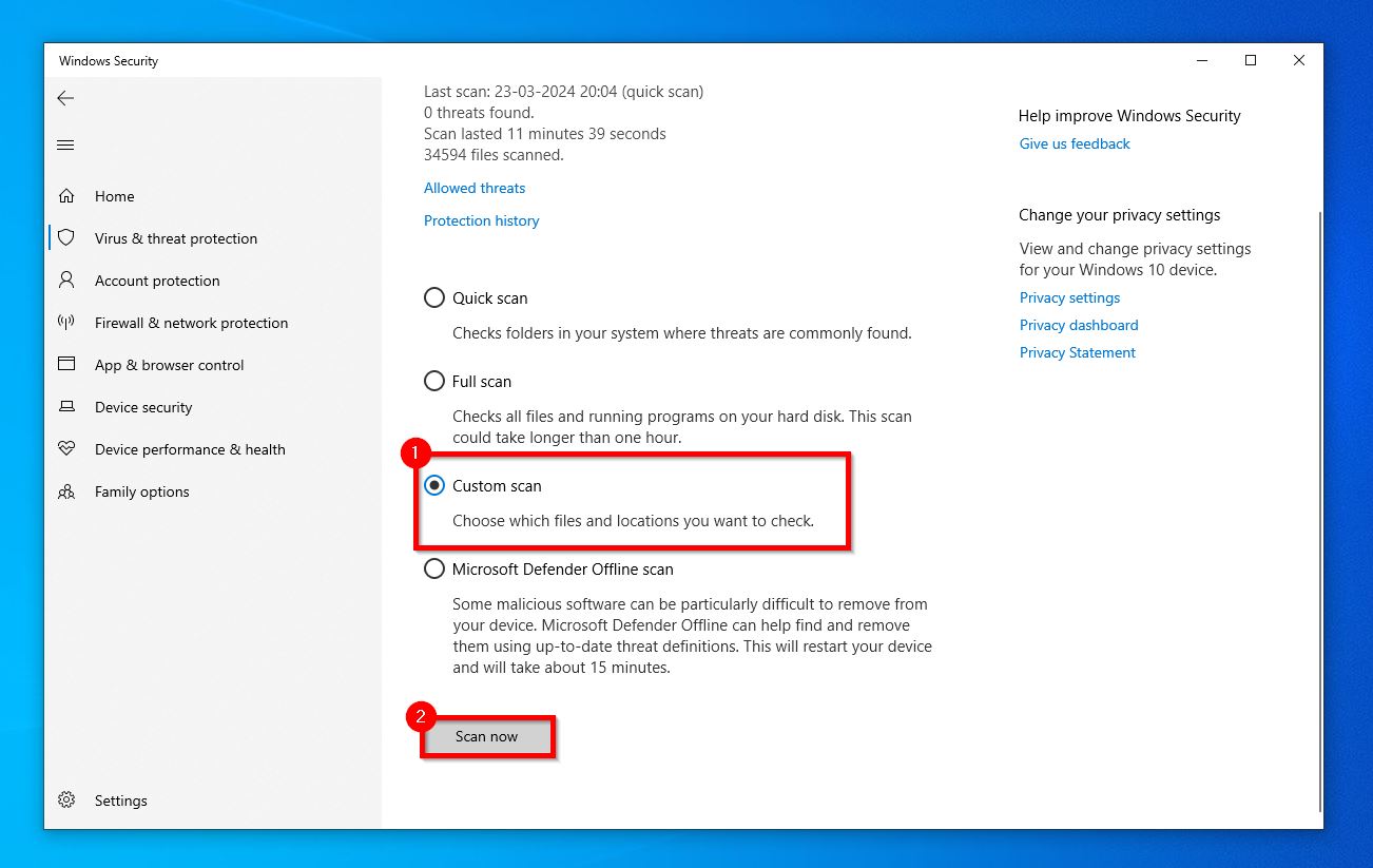 Windows Security showing scan options with Custom scan selected and a button to Scan now.