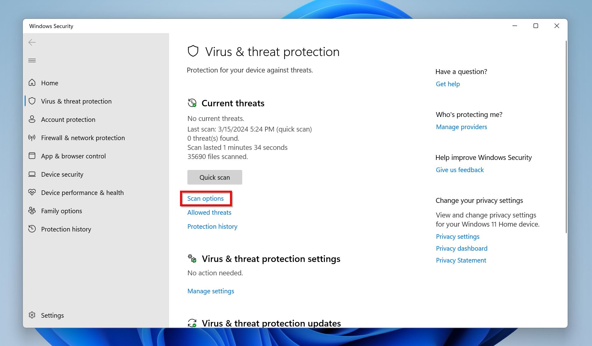 Windows Security window with Virus & threat protection highlighted and Scan options link available.