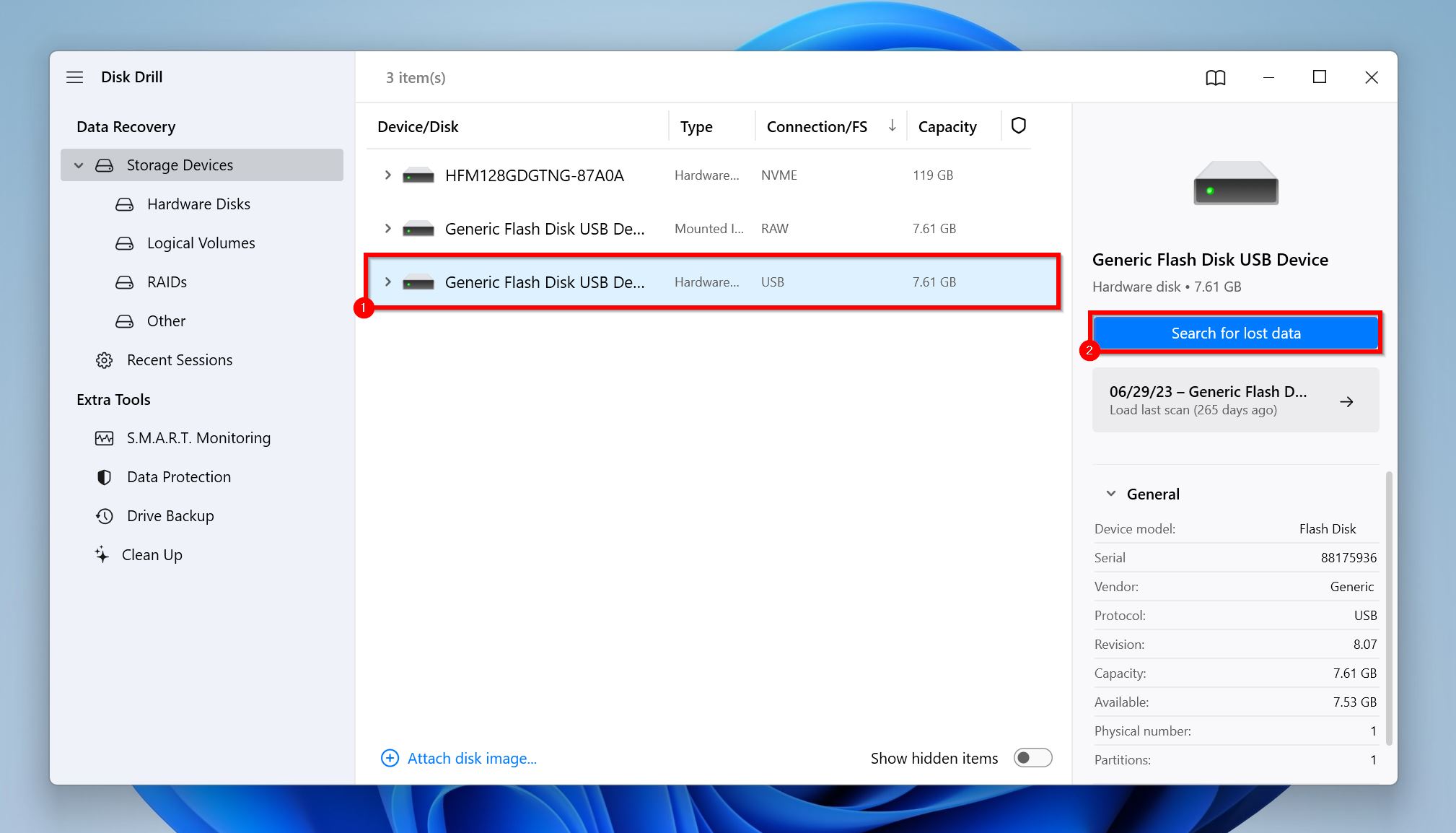  Disk Drill's data recovery section highlighting a generic flash disk USB device ready for a search for lost data.