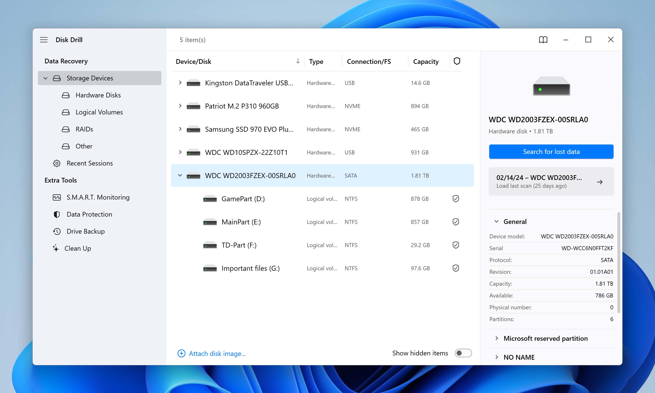 Select HDD with SMART errors in Disk Drill