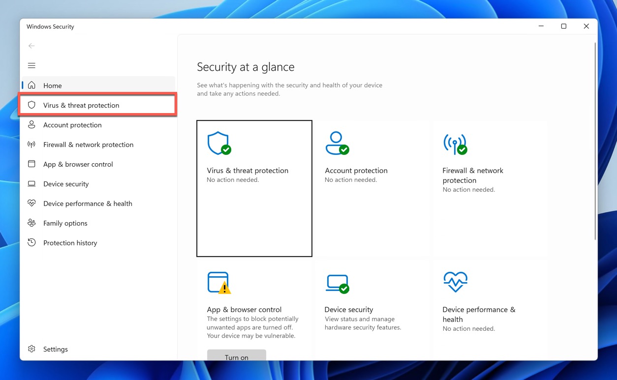 virus and threat protection windows highlighted