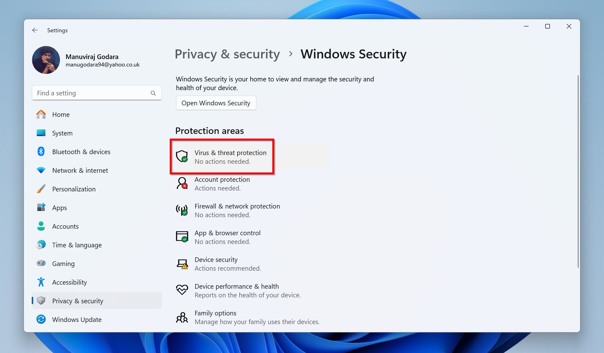 Windows Settings with Privacy & security section open, showing Virus & threat protection as having no actions needed.