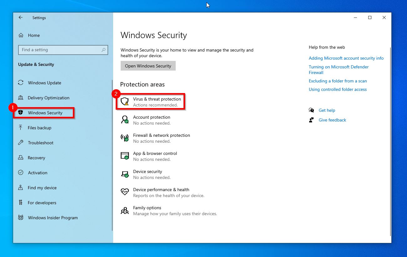 Windows Settings panel with Windows Security, and Virus and threat protection highlighted under Update & Security.