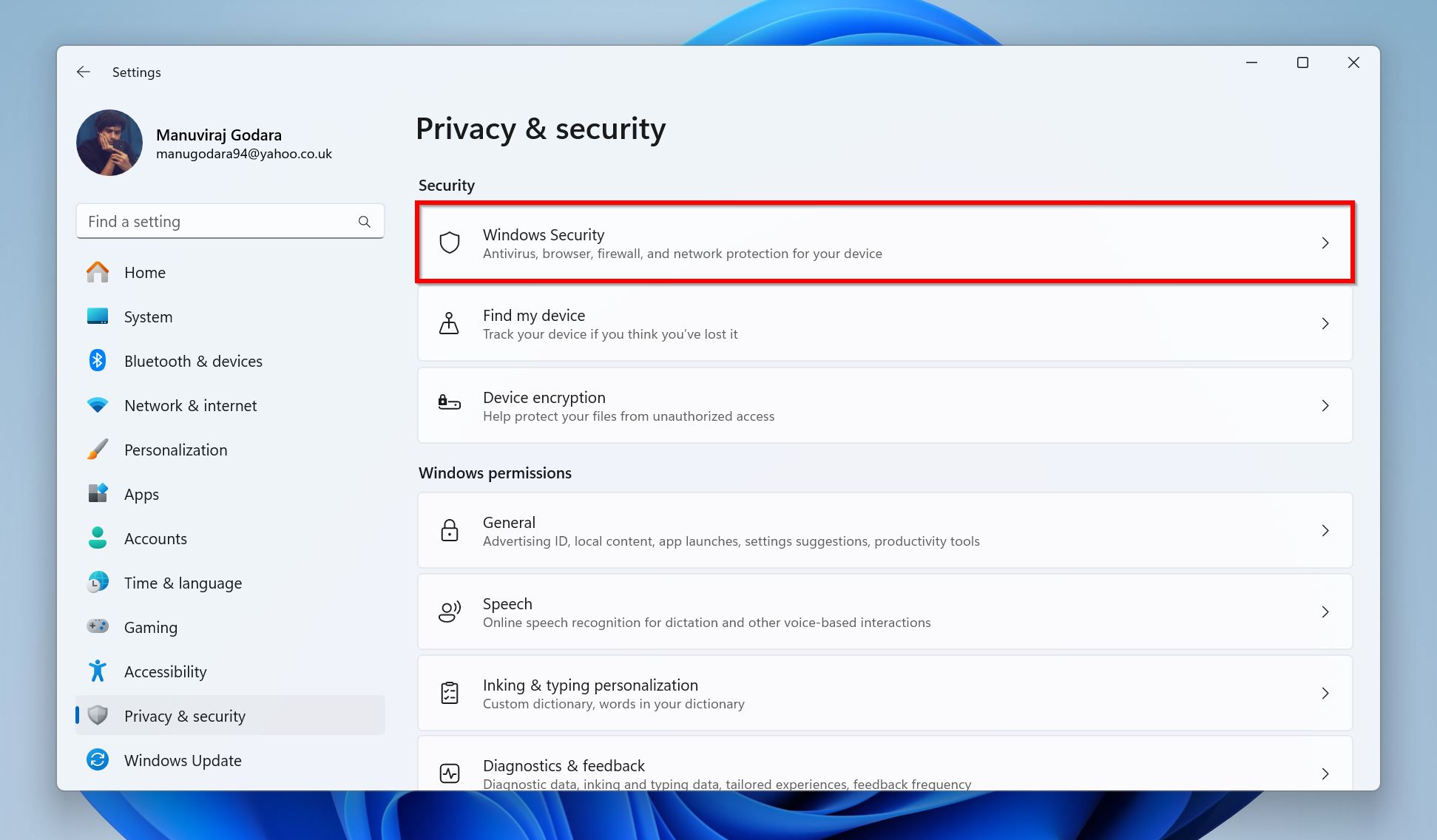 Windows Settings screen showing Privacy & security section with a focus on Security settings including Windows Security.