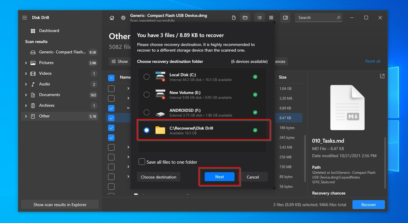 Disk Drill Selecting Recovery Destination Location