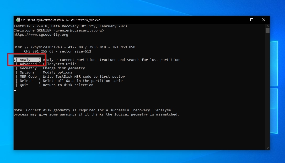 TestDisk Analyze Current Partition Structure