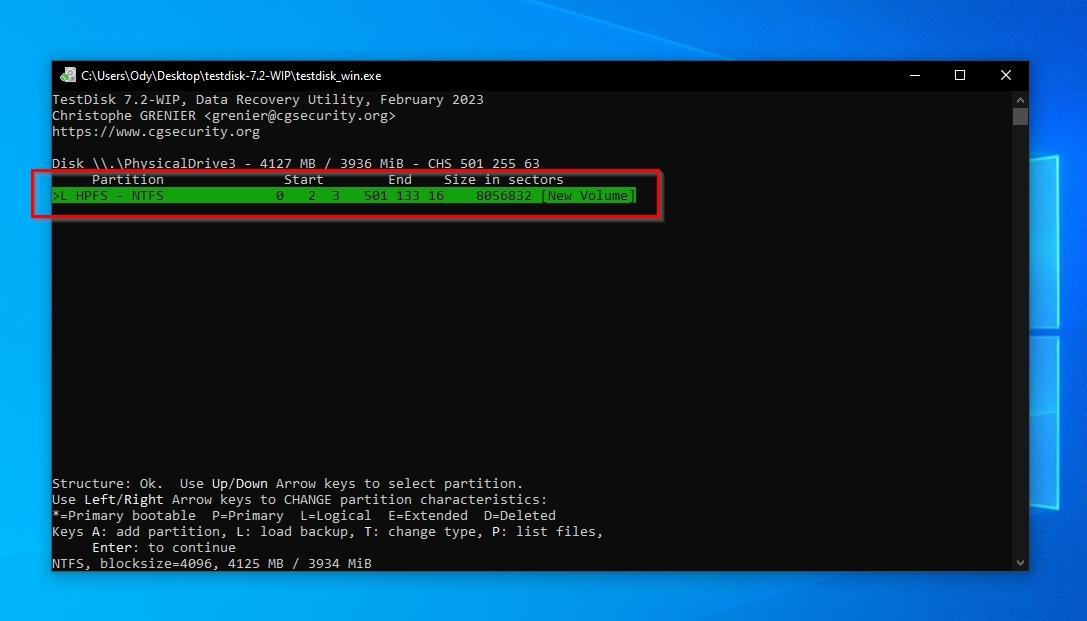 TestDisk Partition Selection