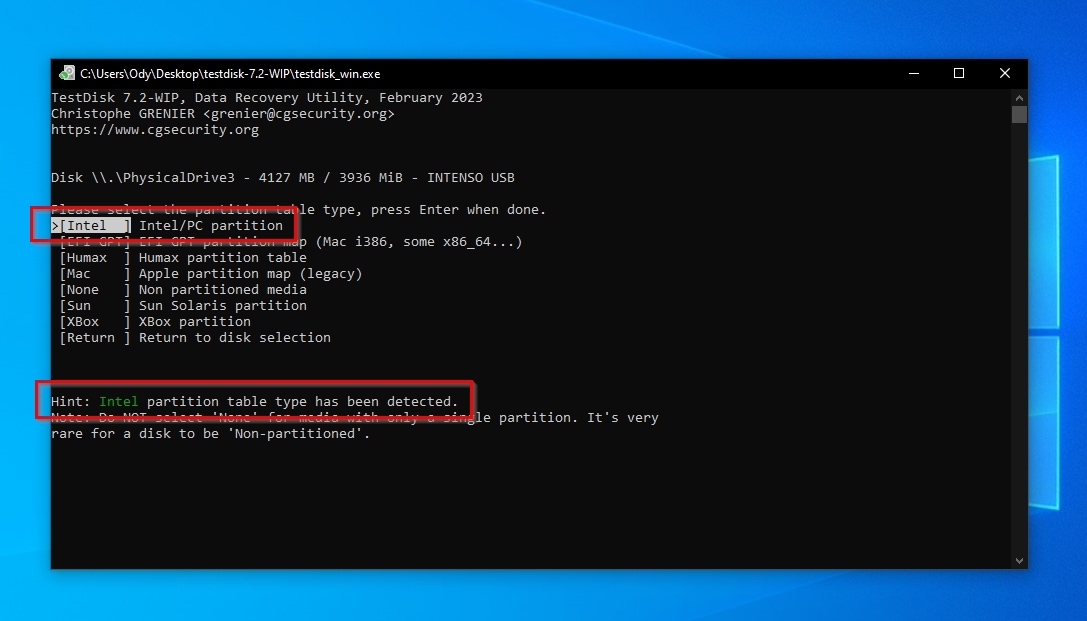 TestDisk Partition Table Selection