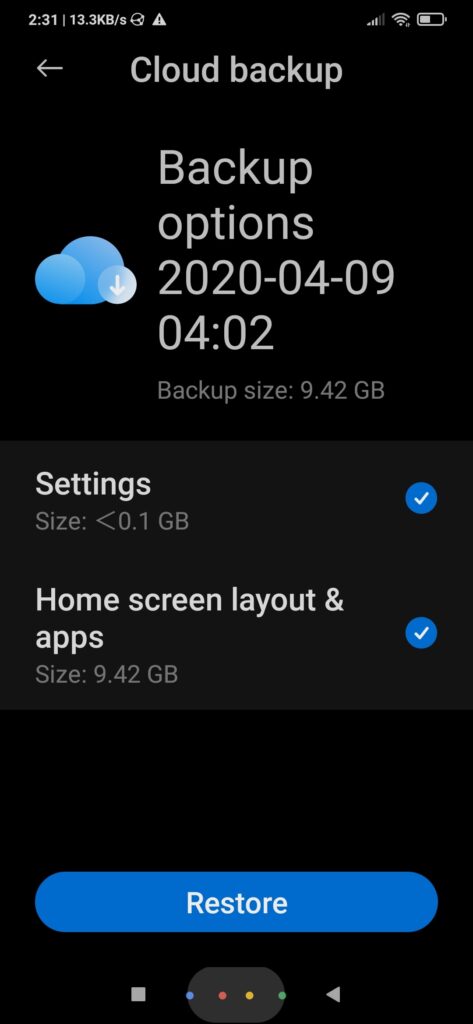 Xiaomi Cloud Backup Selected Backup Restore