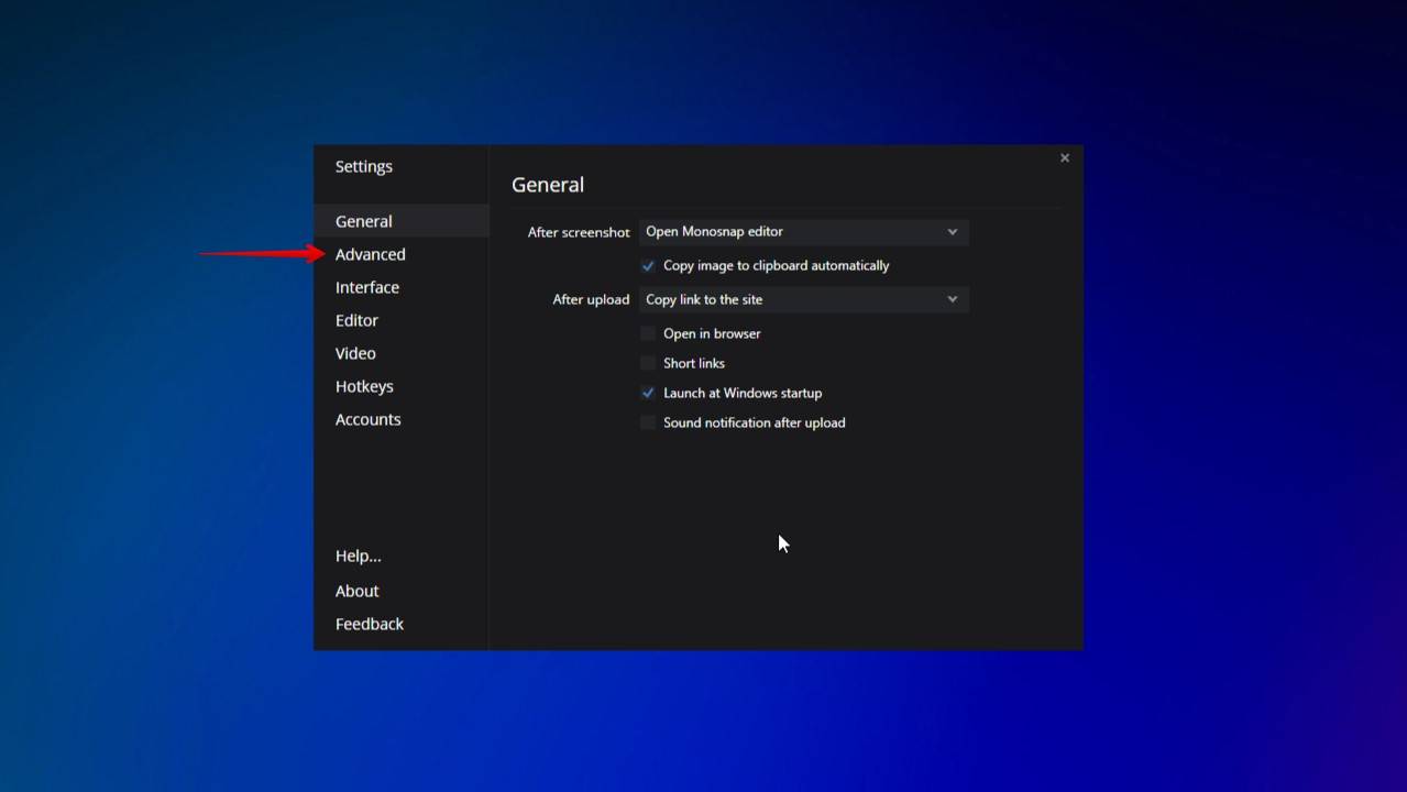 Accessing Monosnap's advanced settings.