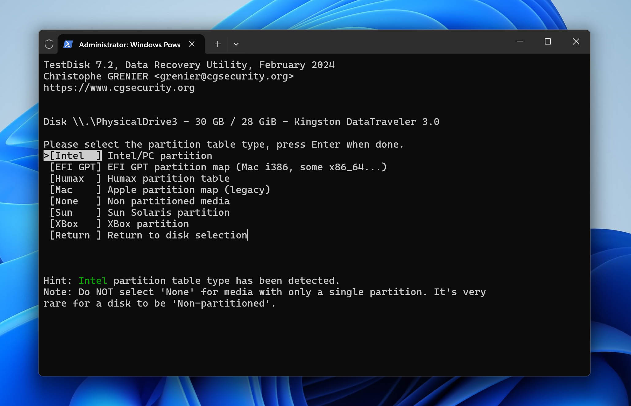 selecting the intel/pc partition option