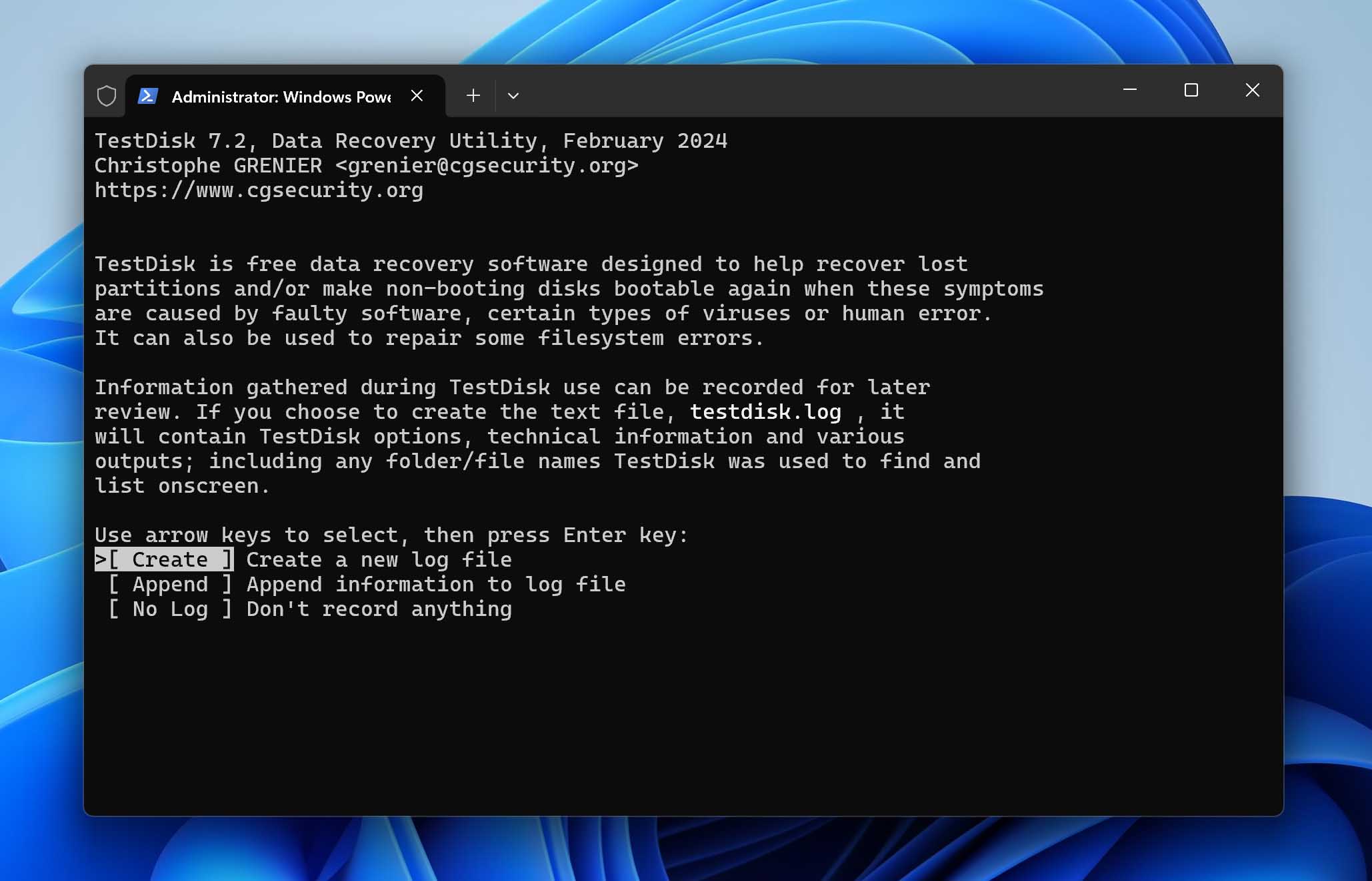 creating a new log file in testdisk