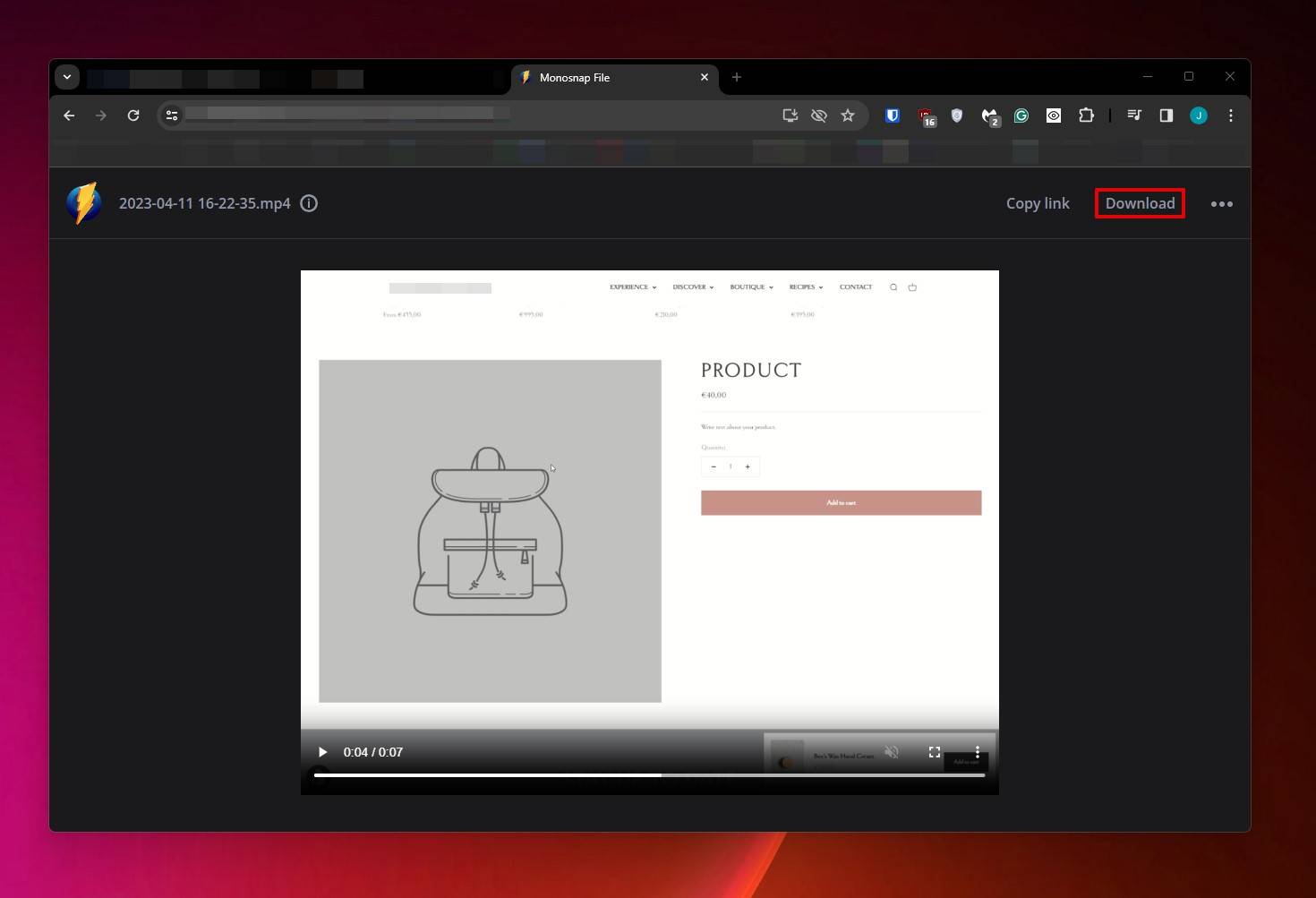 Downloading the Monosnap screenshot.