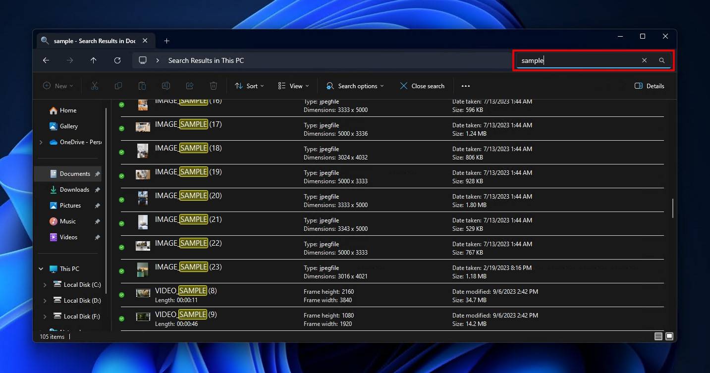 Using the search function in File Explorer.