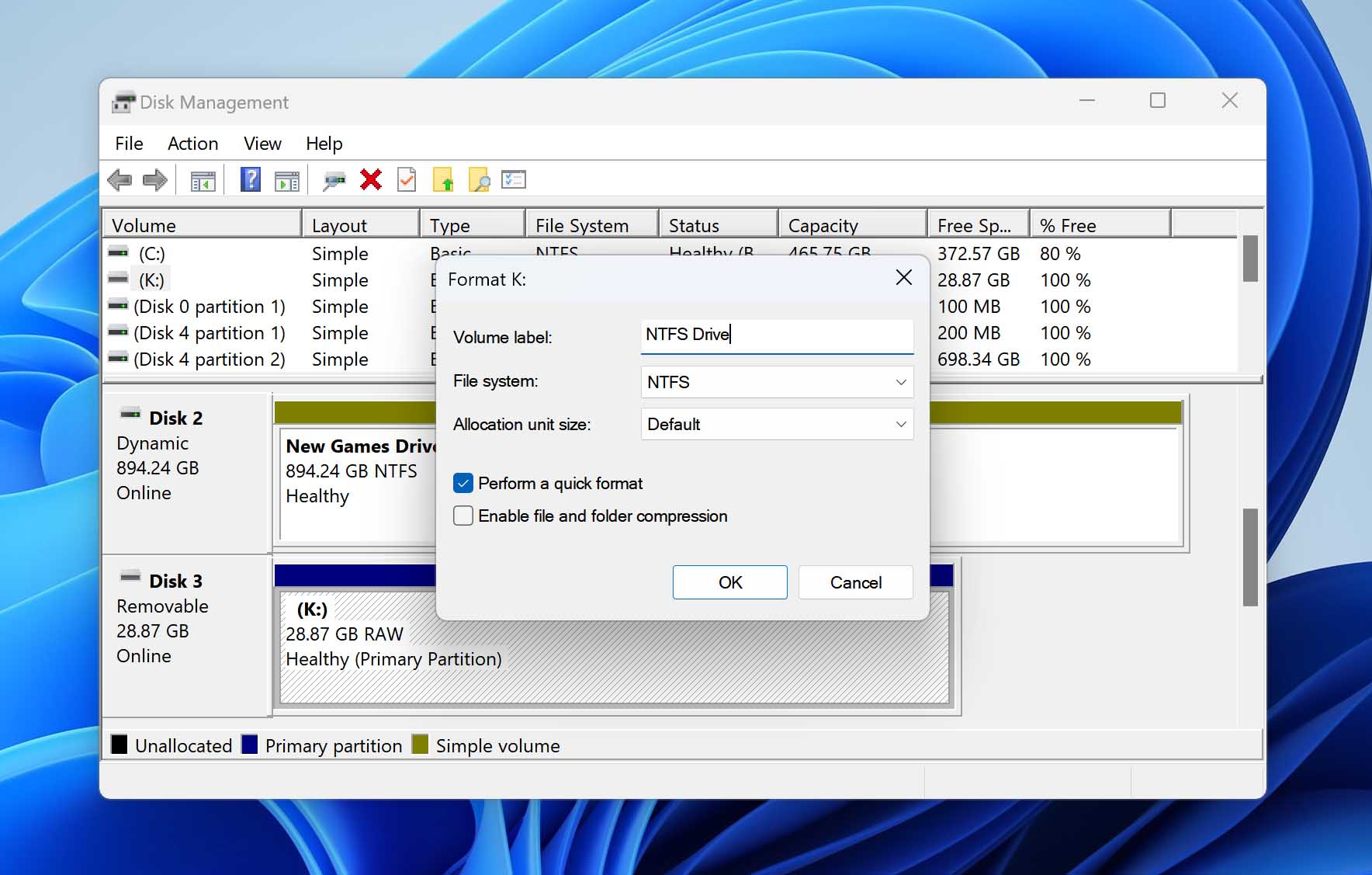 formatting using disk management