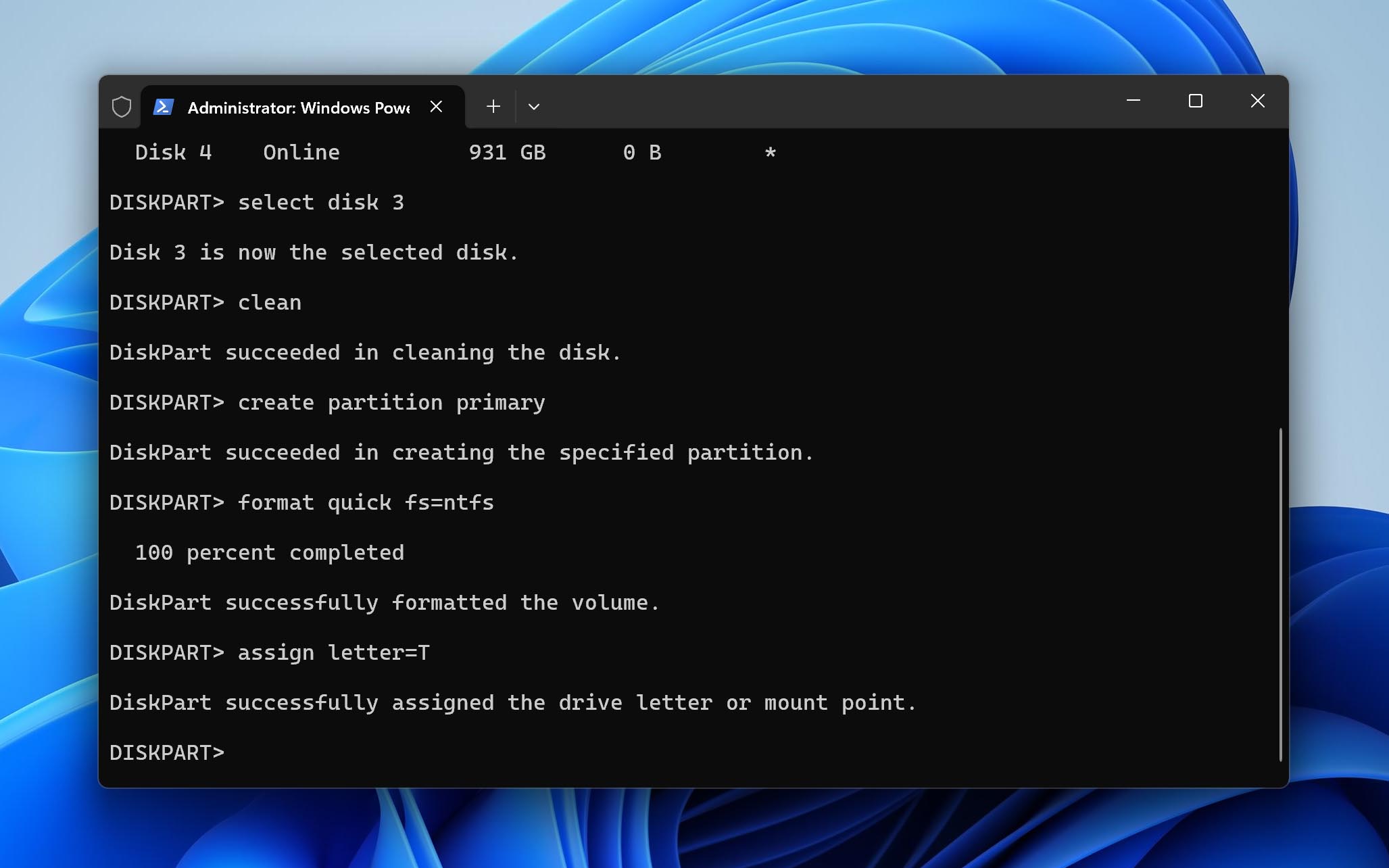 formatting using diskpart