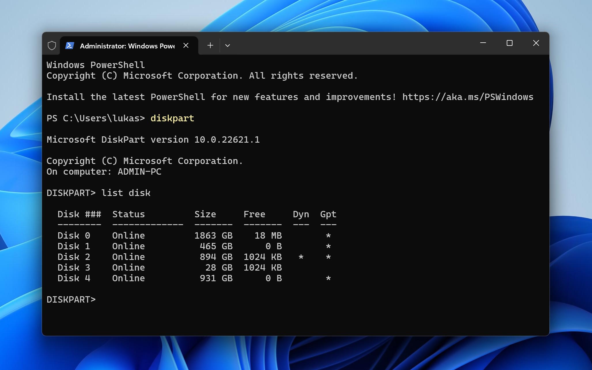 check disk list in diskpart