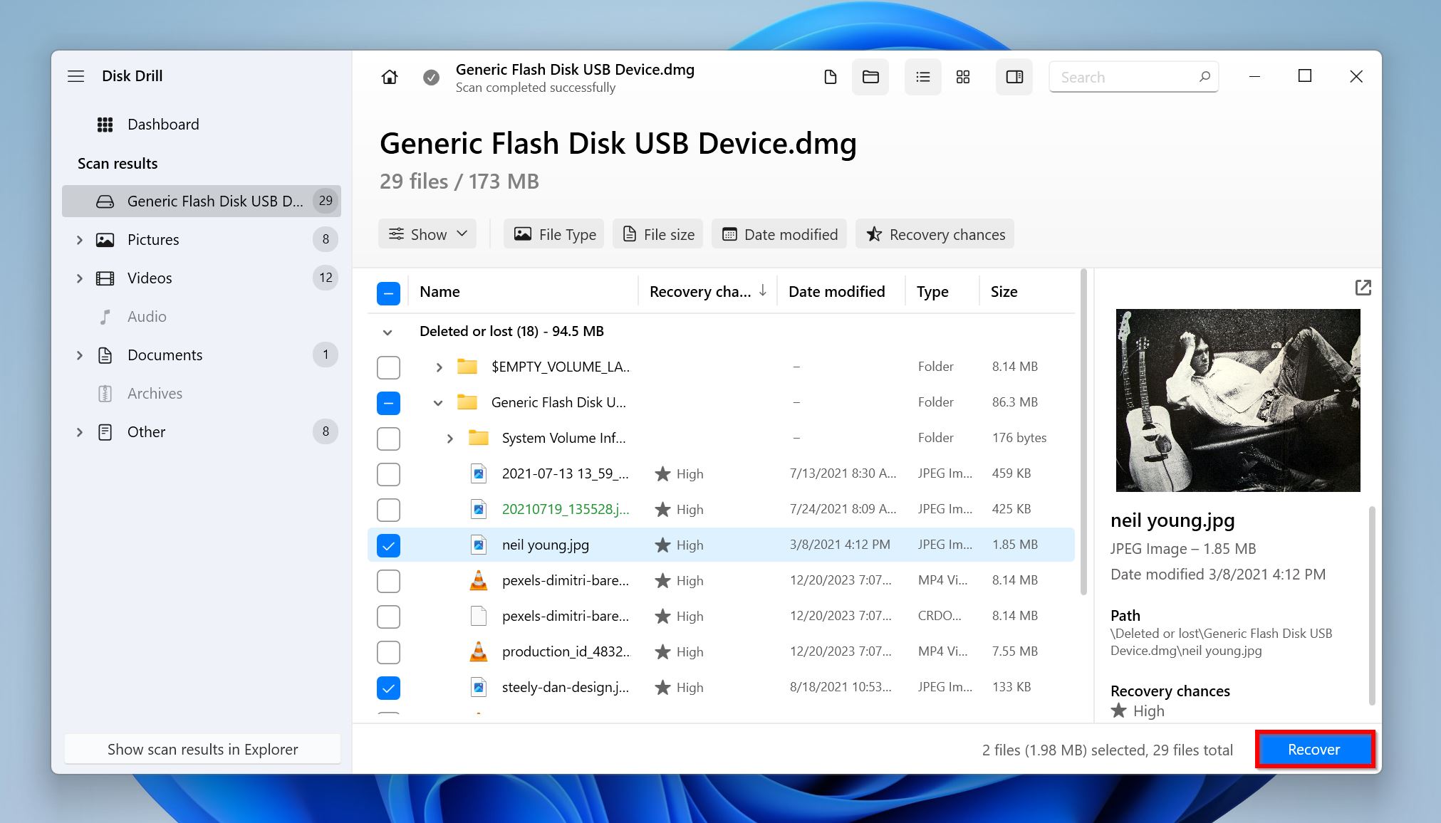 List of recoverable files in Disk Drill.