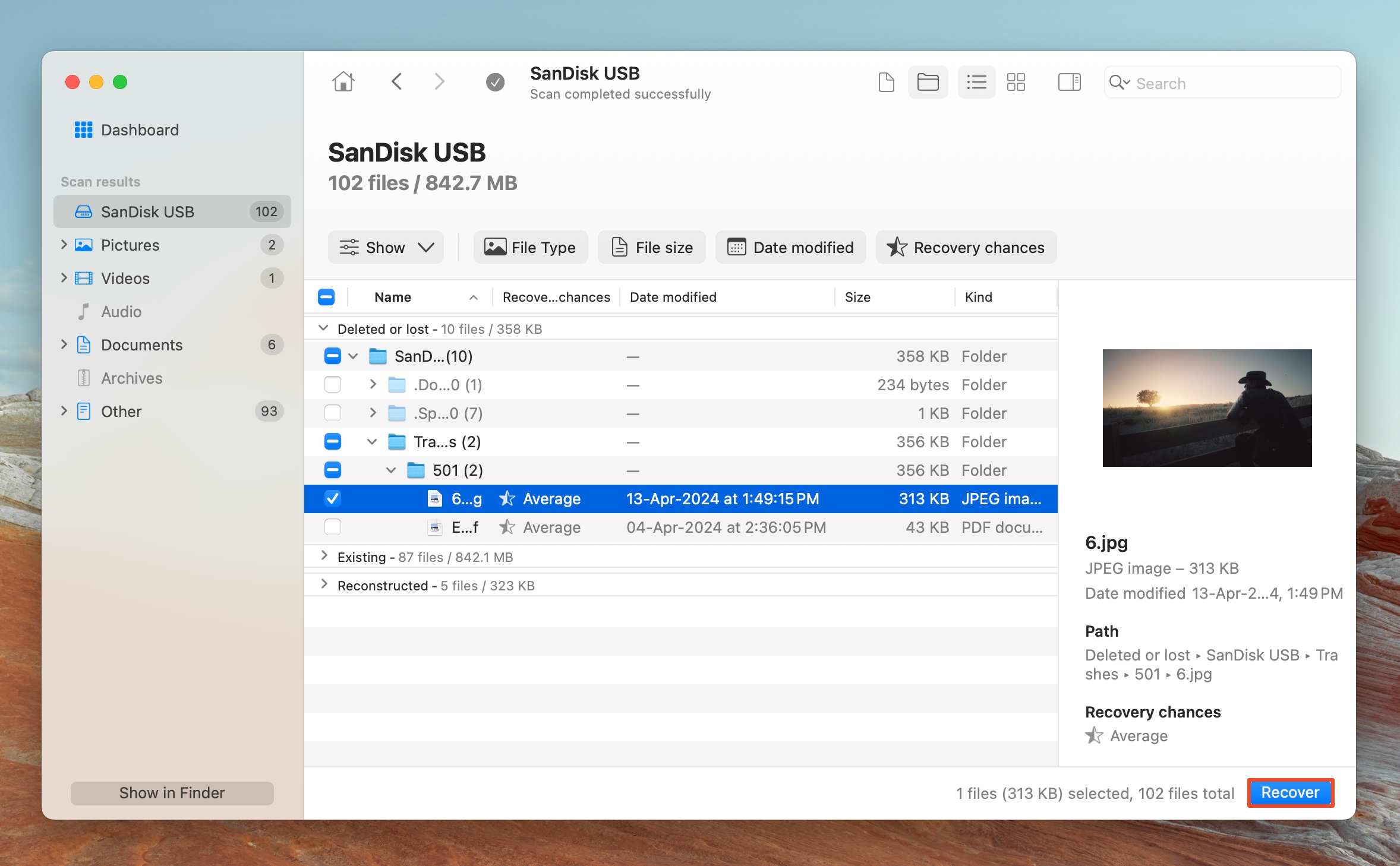 Inspect the details of "Deleted or Lost" and "Reconstructed" files in Disk Drill to select specific items for recovery.