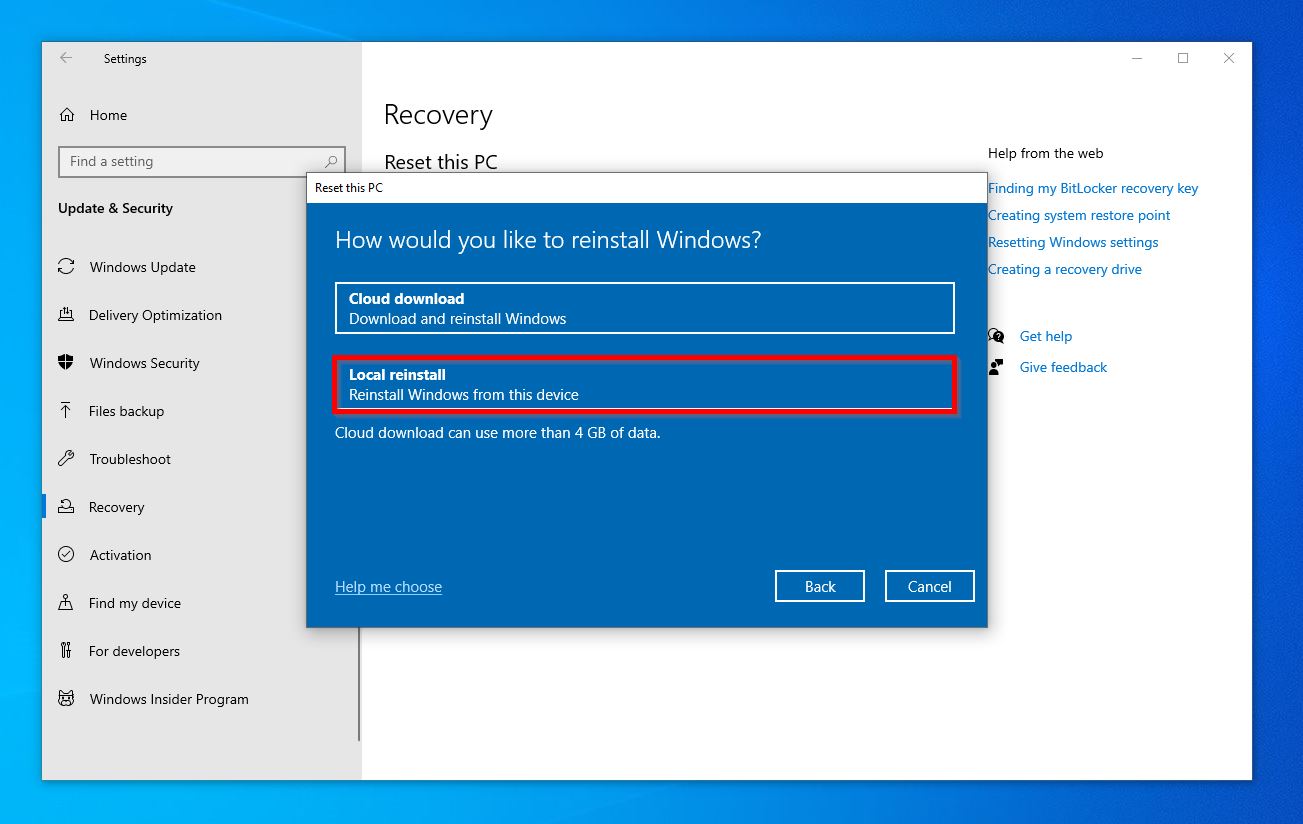 Cloud download or local reinstall option screen in the Reset this PC wizard.