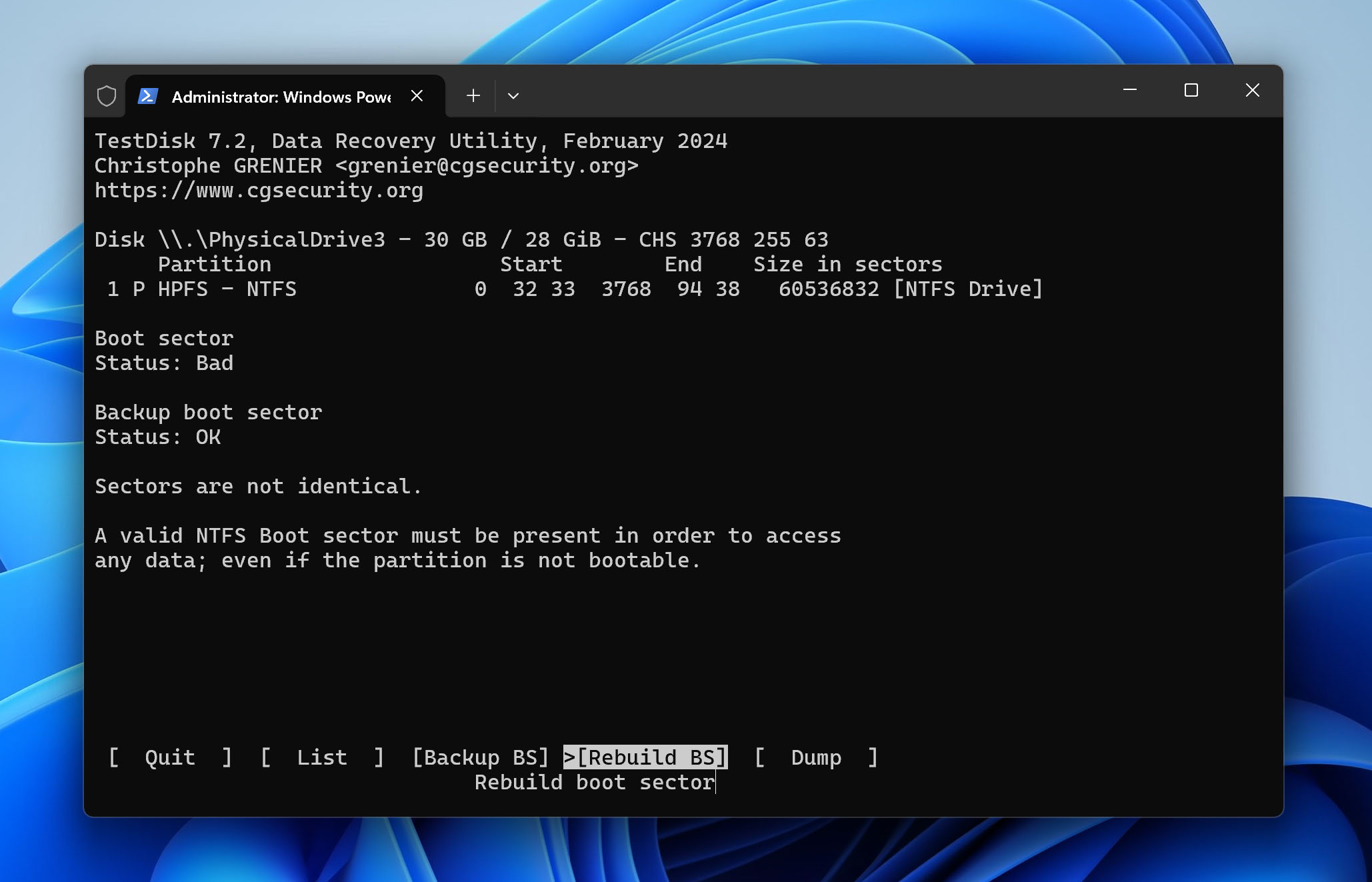 Rebuild BS in testdisk 