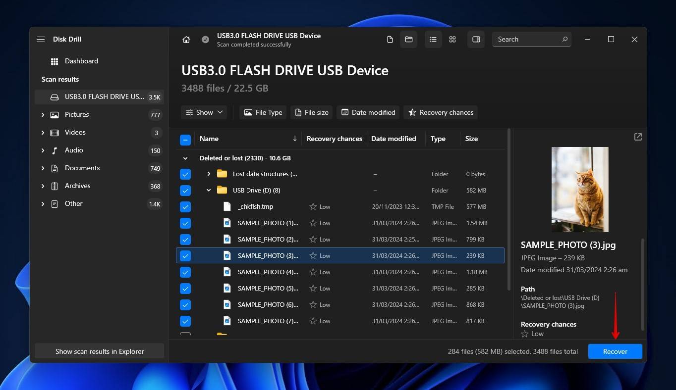 Recovering the selected data from the corrupted flash drive.