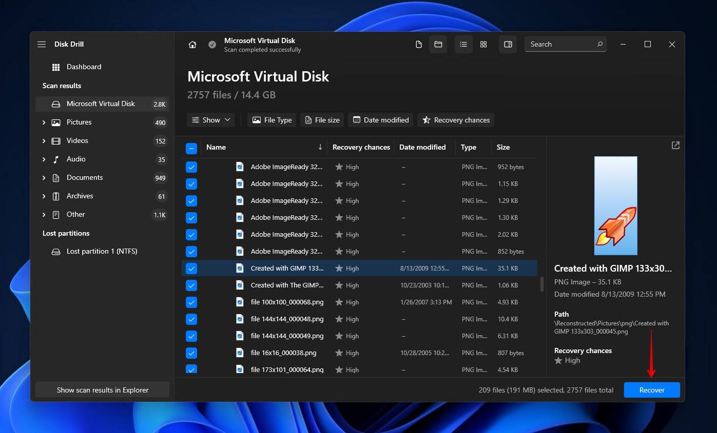 Restoring the files that are selected.
